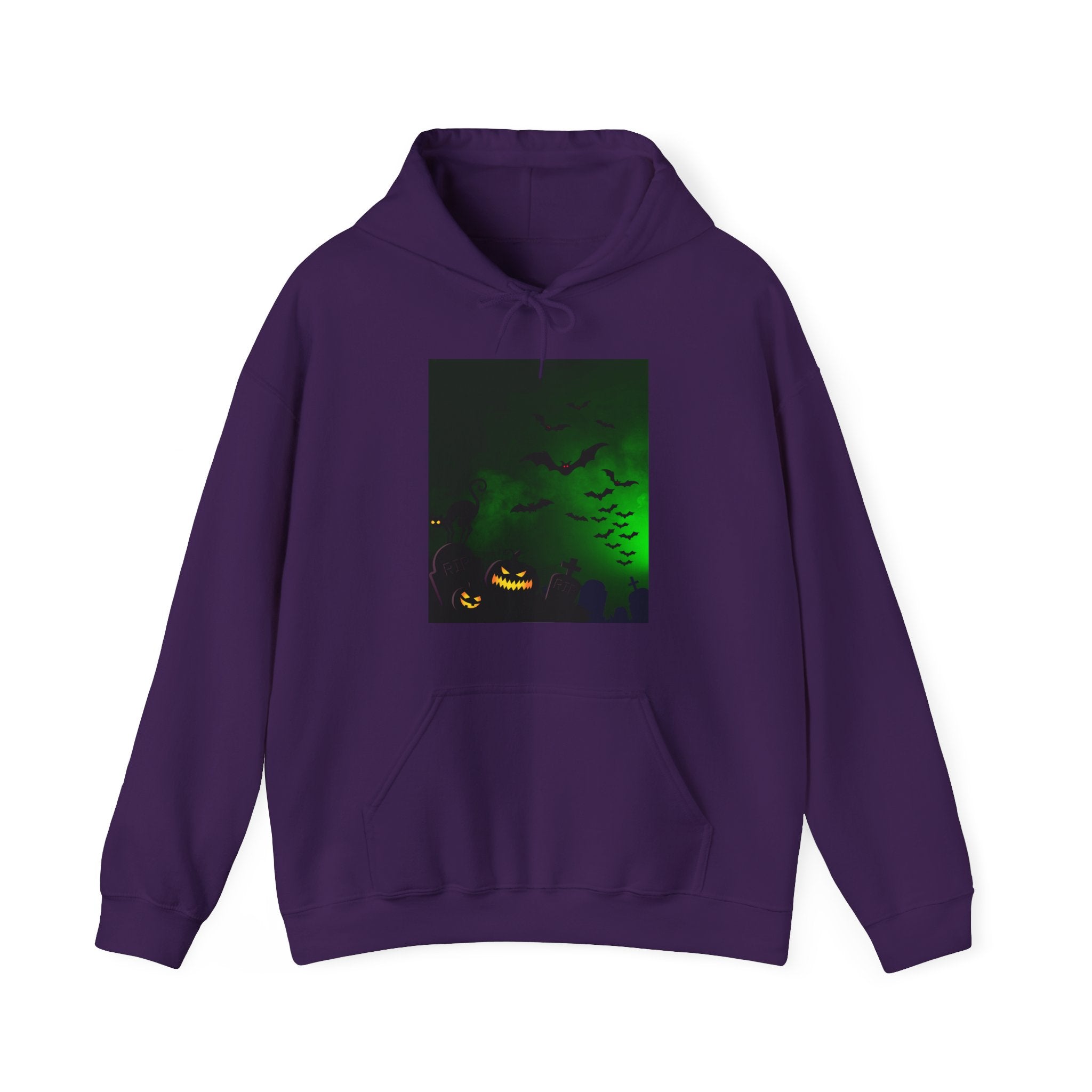 Purple hoodie with a Halloween-themed graphic on a white background