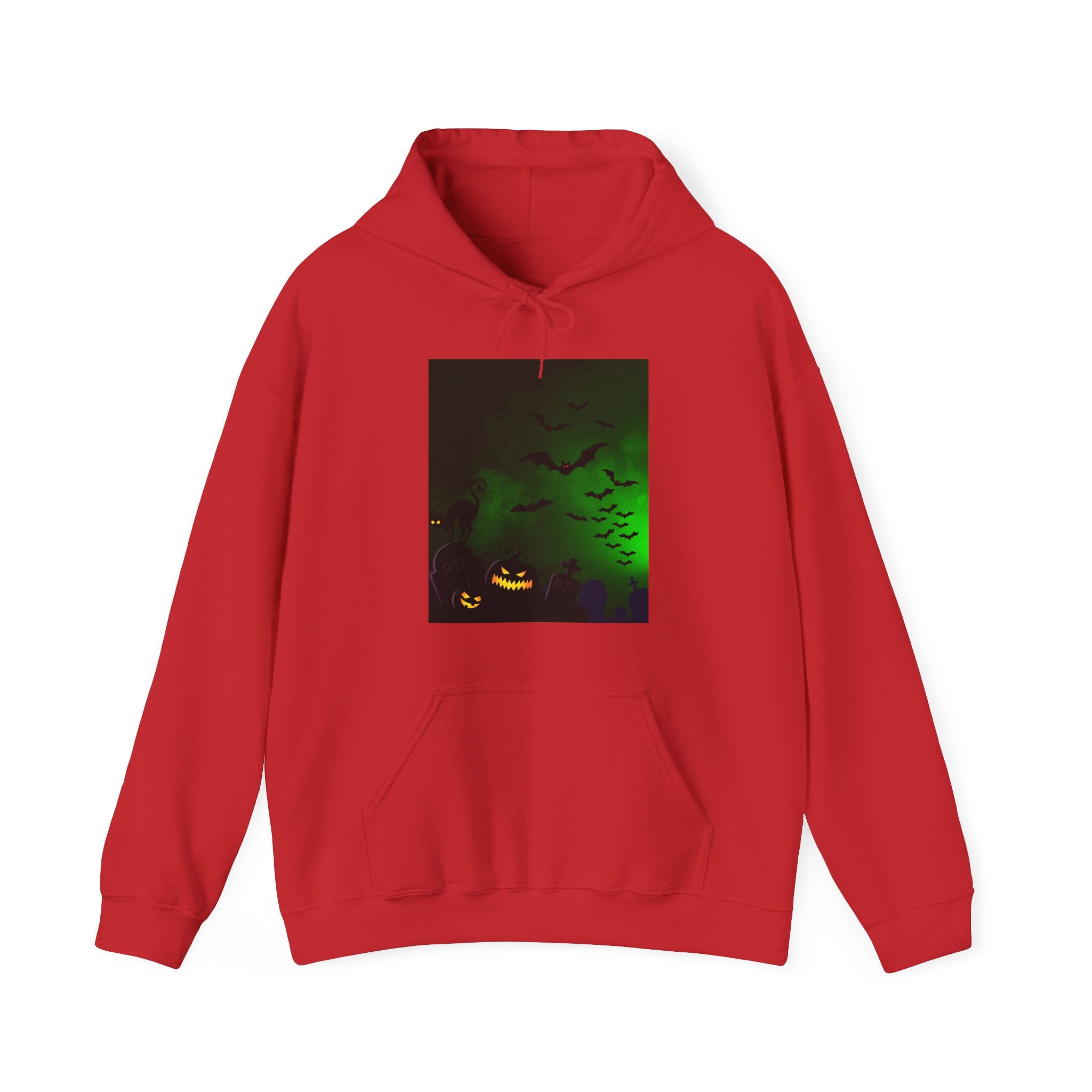 Red hoodie with a Halloween-themed graphic on a white background