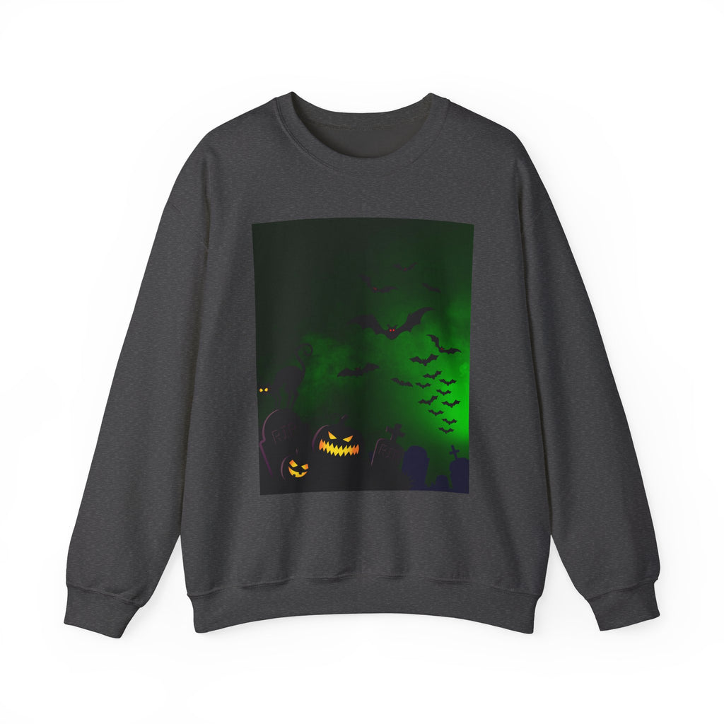 Dark heather gray sweatshirt with Halloween-themed graphic on a white background