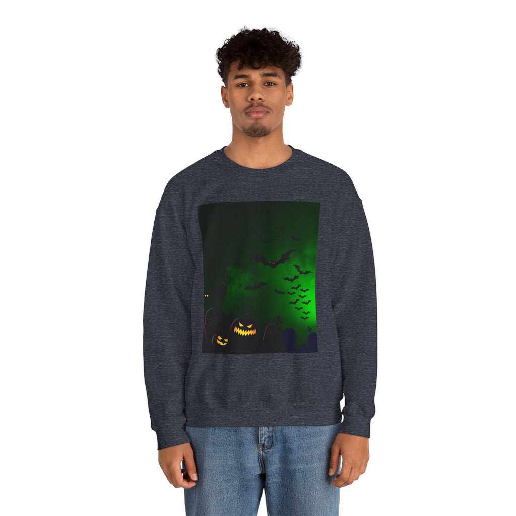 Person wearing a dark blue sweatshirt with a Halloween-themed design on a white background