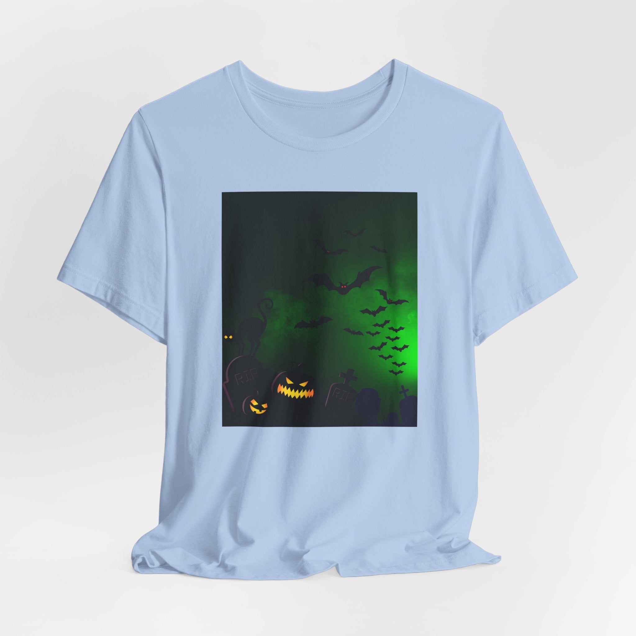 Light blue t-shirt with a Halloween-themed graphic on a light gray background