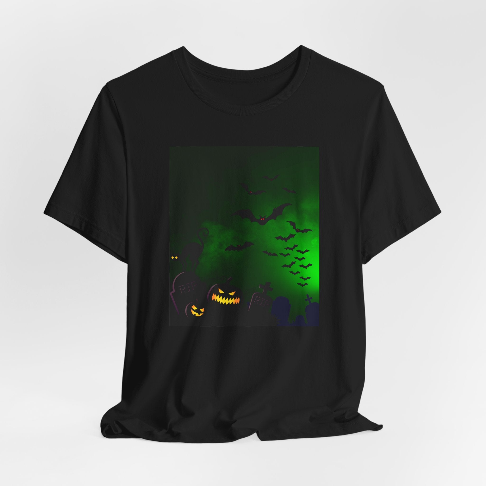Black t-shirt with Halloween-themed design featuring a pumpkin and bats on a white background