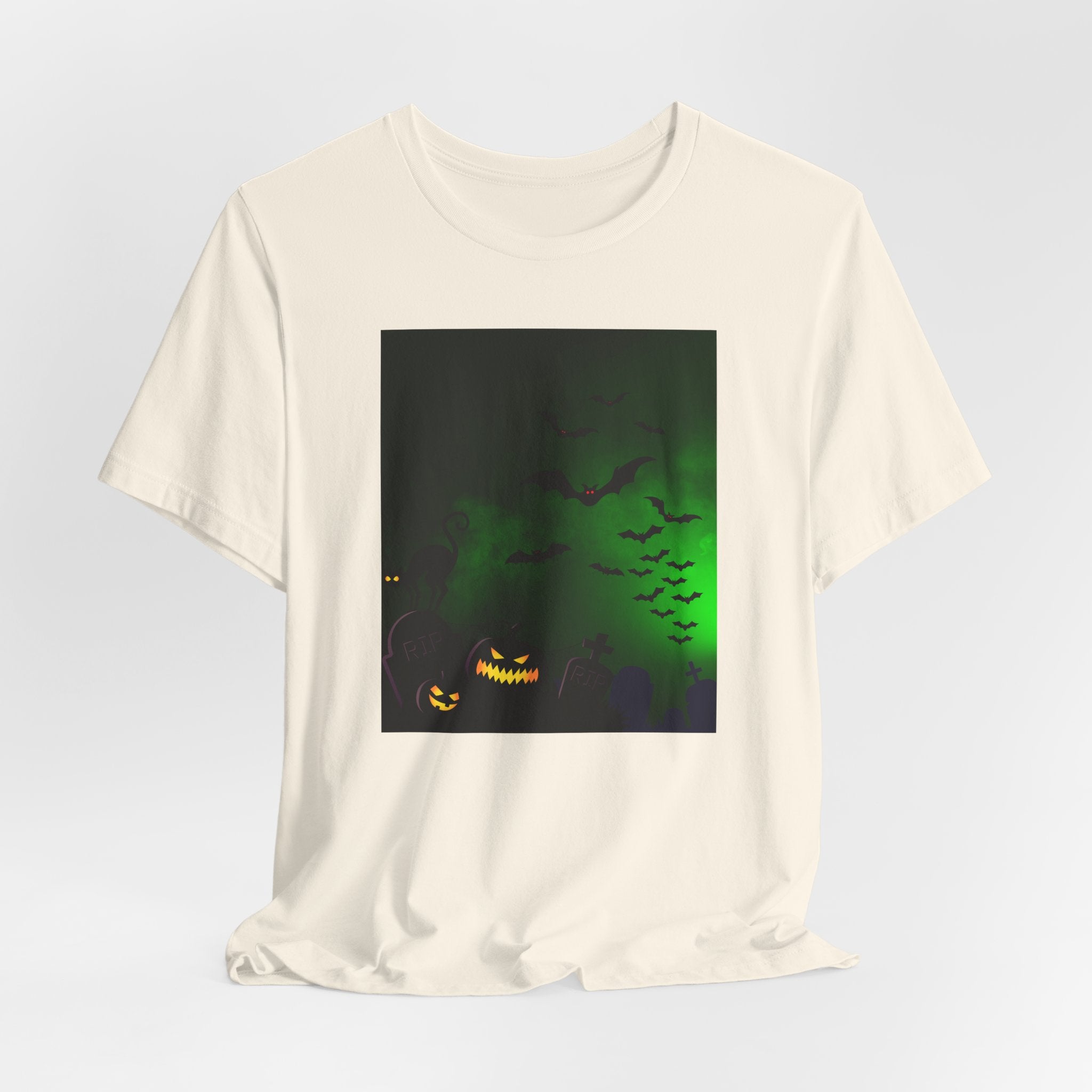Ivory white t-shirt with a Halloween-themed graphic on a light gray background