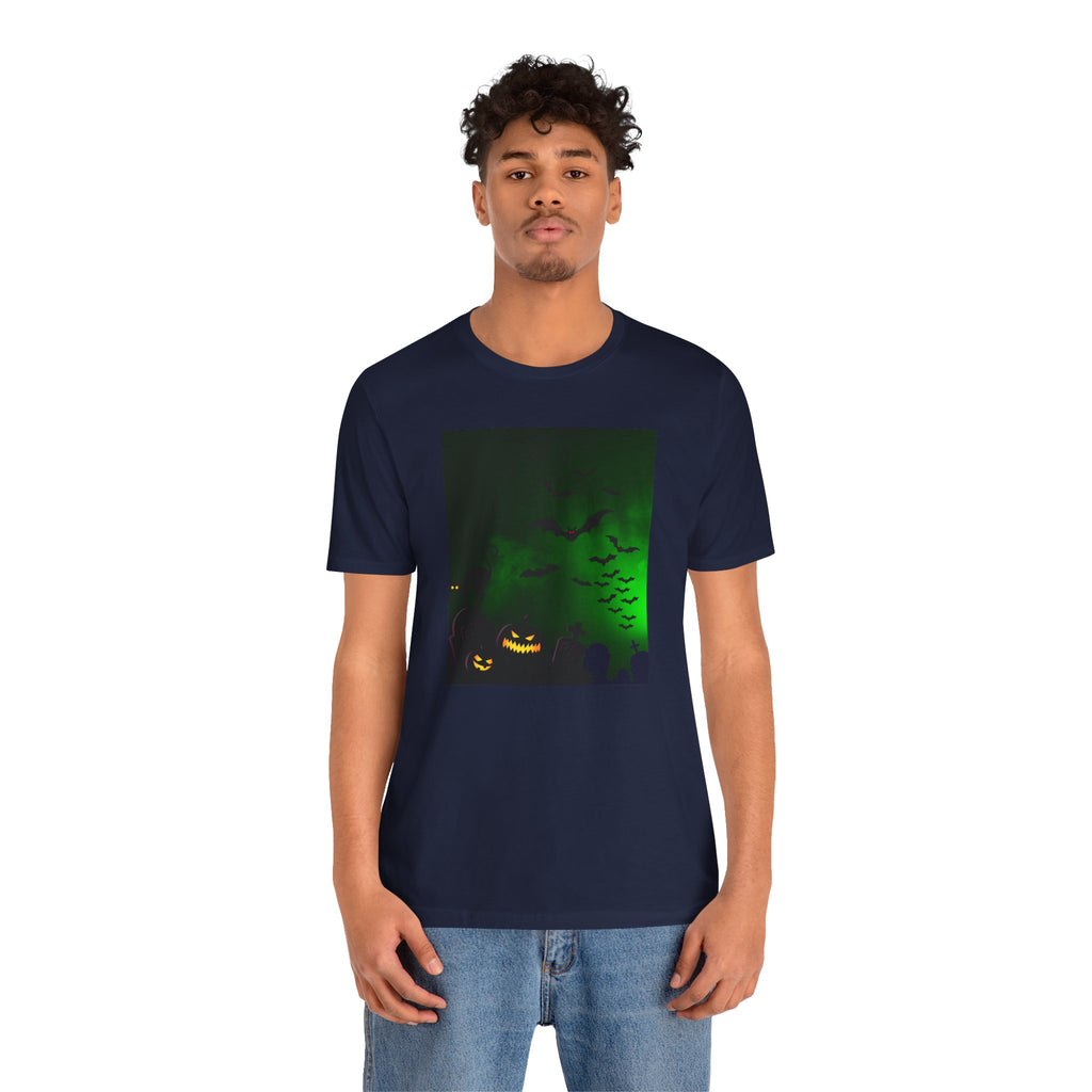 Person wearing a navy blue t-shirt with a graphic design on a white background