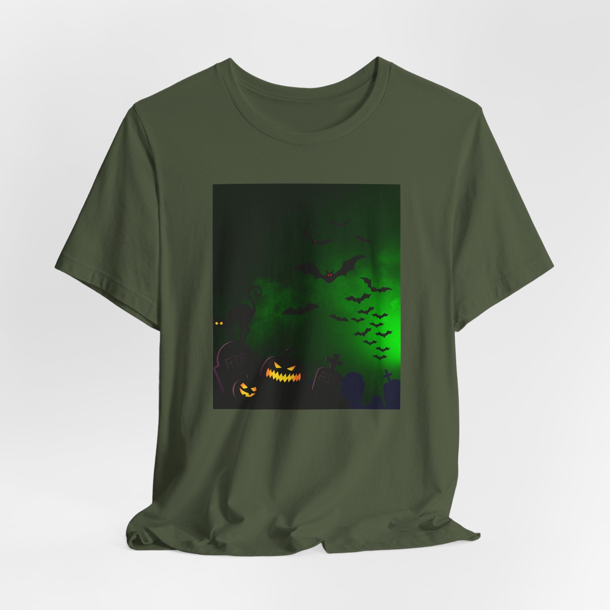 Military green t-shirt with Halloween-themed graphic on a white background