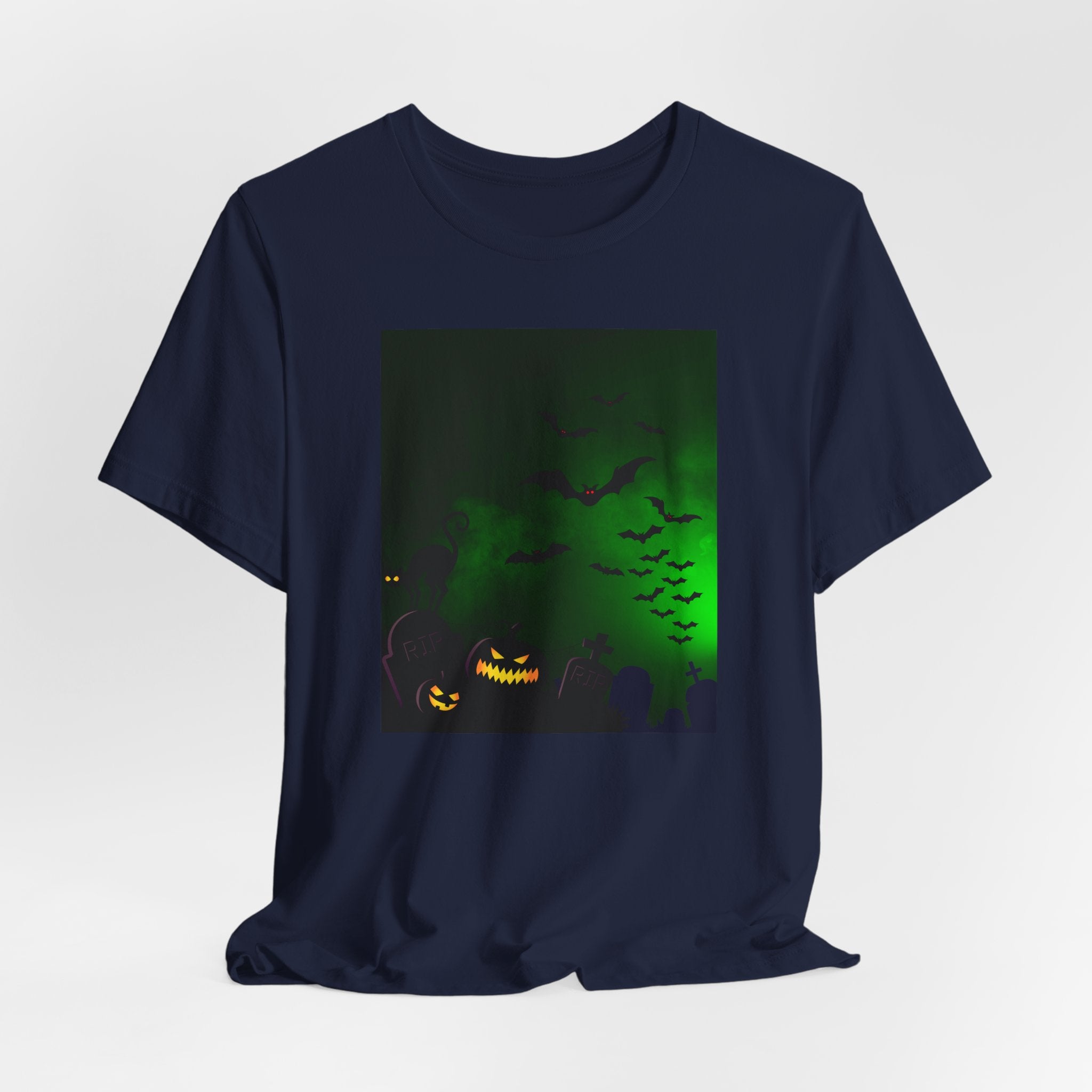 Navy blue t-shirt with Halloween-themed graphic on a white background
