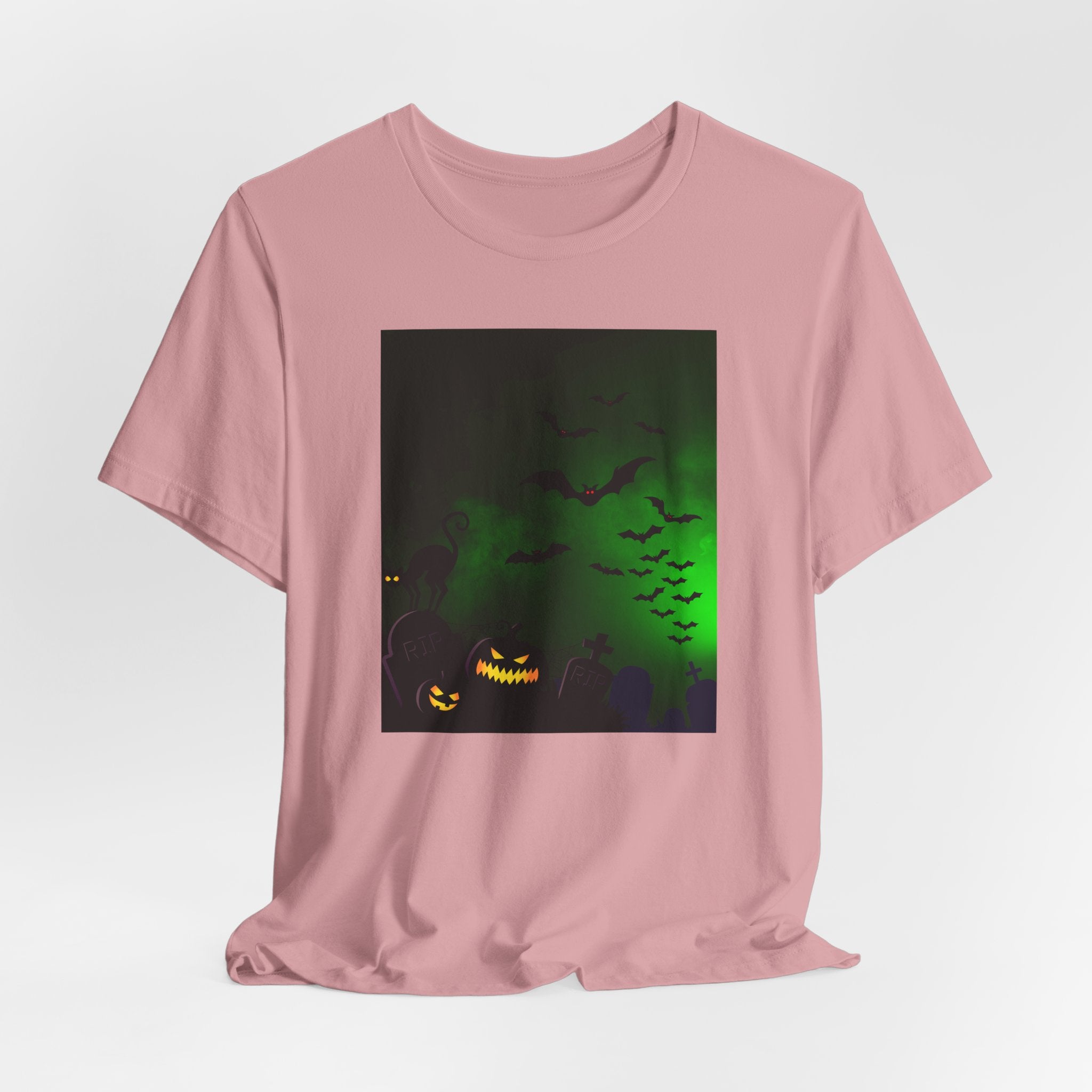Orchid pink t-shirt with a Halloween-themed graphic on a white background