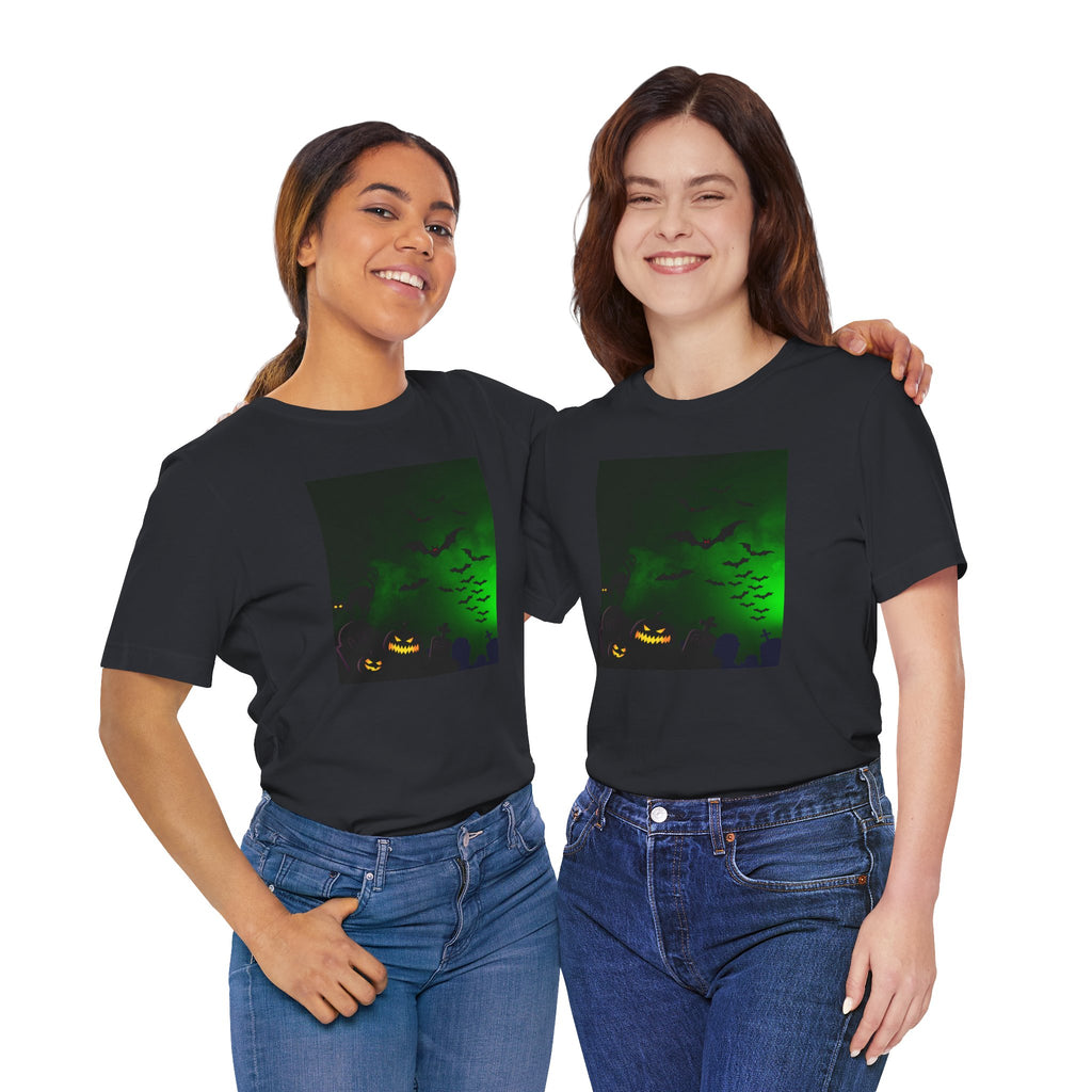 Two people wearing black t-shirts with a Halloween design on a white background