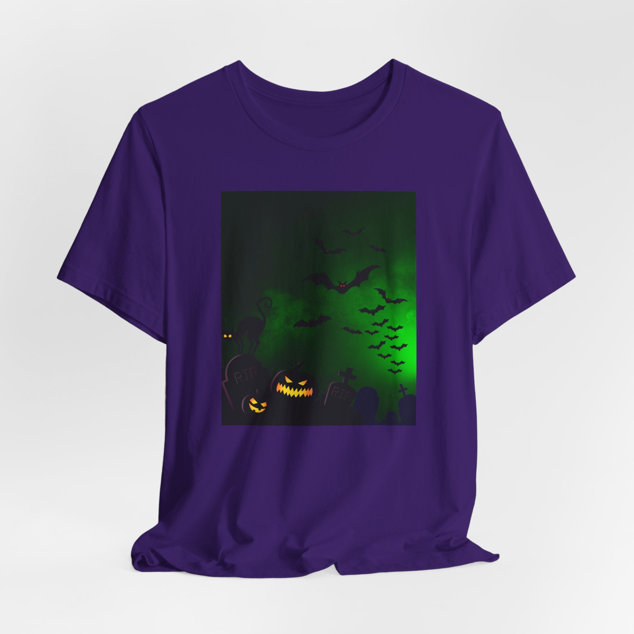 Purple t-shirt with a Halloween-themed graphic on a white background
