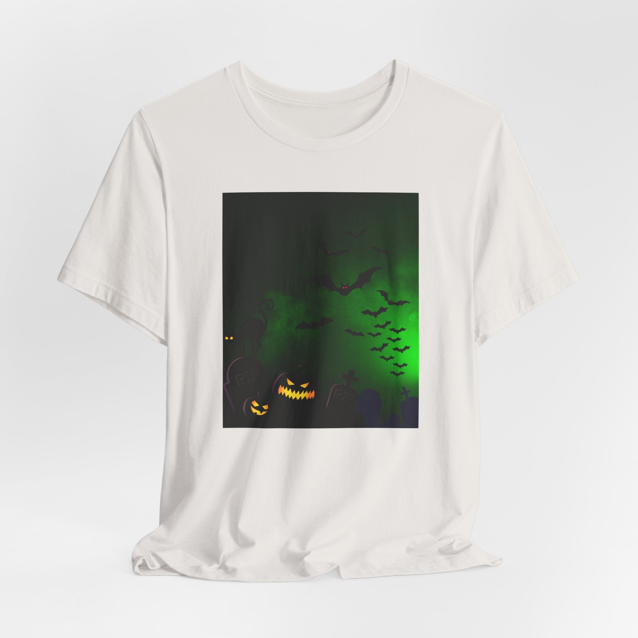 Vintage white t-shirt with a Halloween-themed graphic on a white background