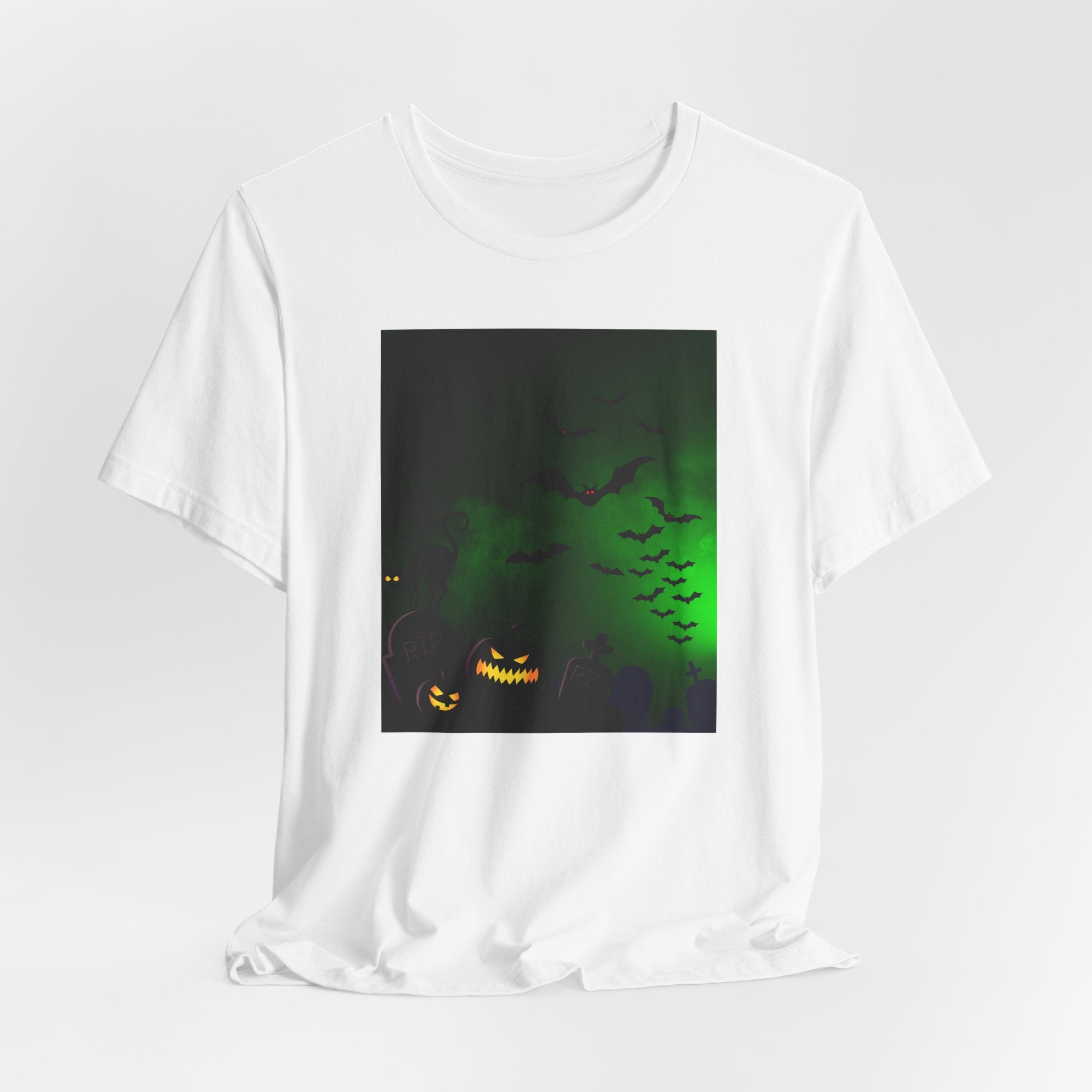 White t-shirt with a Halloween-themed graphic on a white background