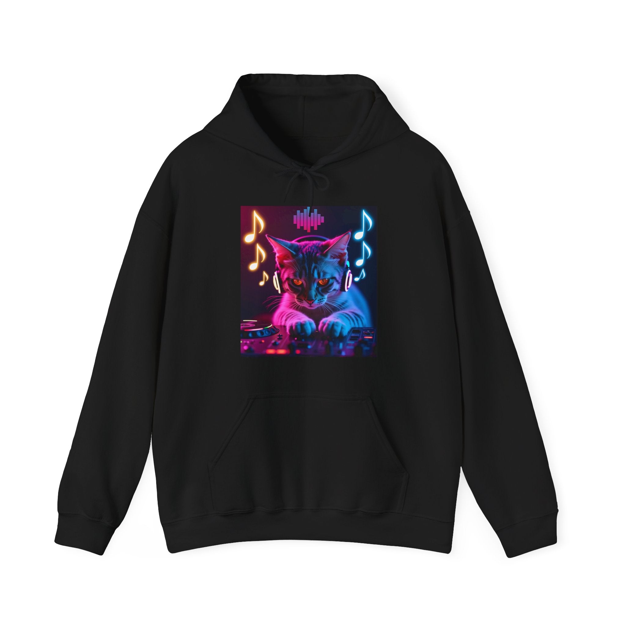 Black hoodie with a colorful cat graphic and musical notes on a white background