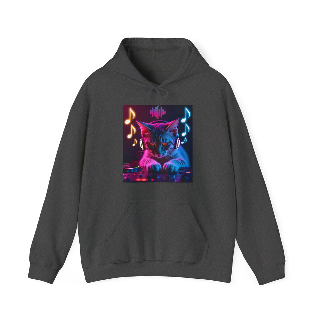 Gray hoodie with a colorful cat and music notes design on a white background