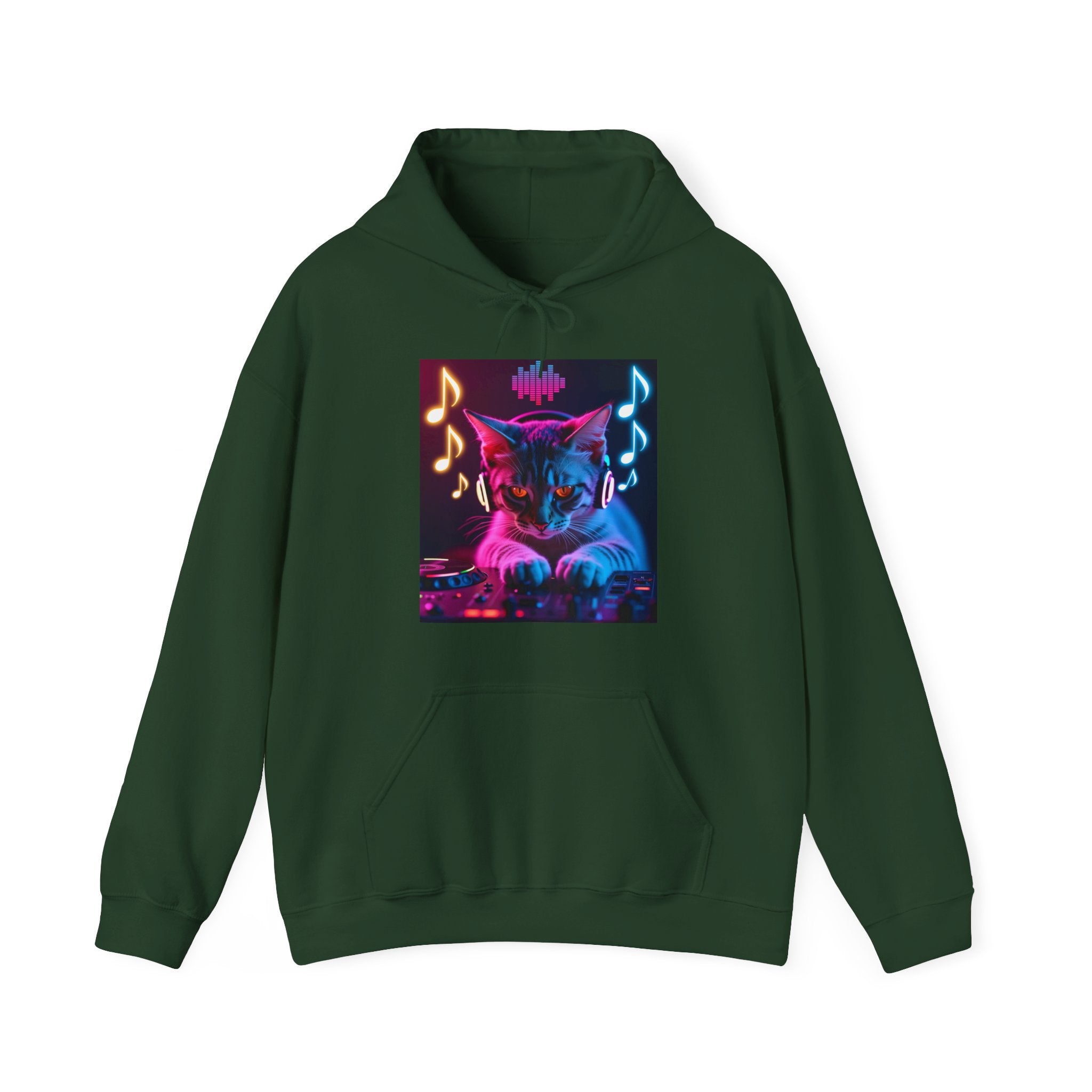 Forest green hoodie with a colorful cat and music notes design on a white background