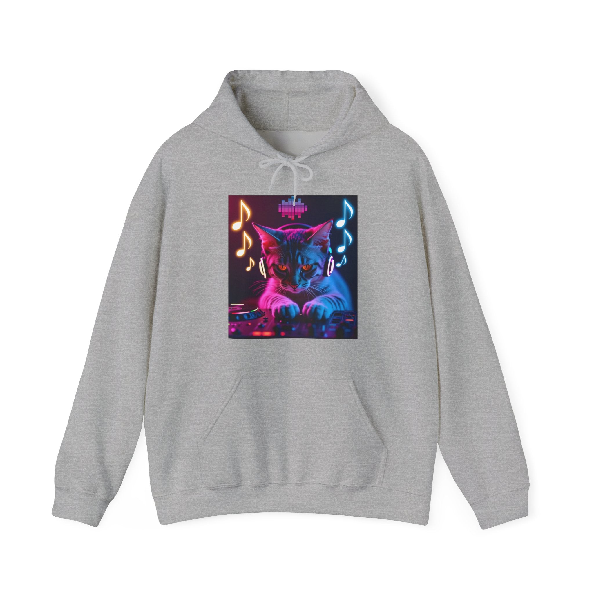 Gray hoodie with a colorful cat and music notes design on a white background