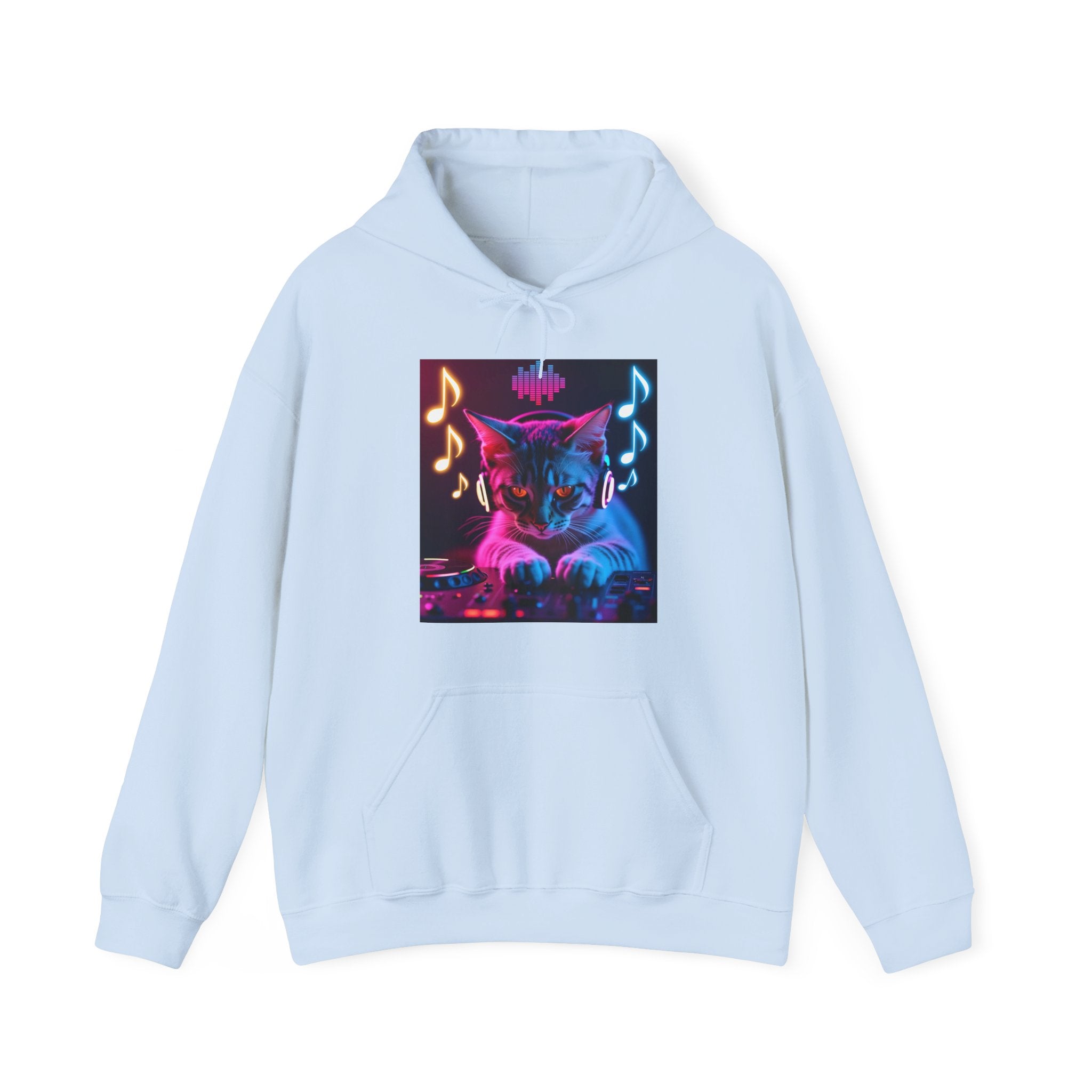 Light blue hoodie with a colorful cat graphic and music notes on a white background