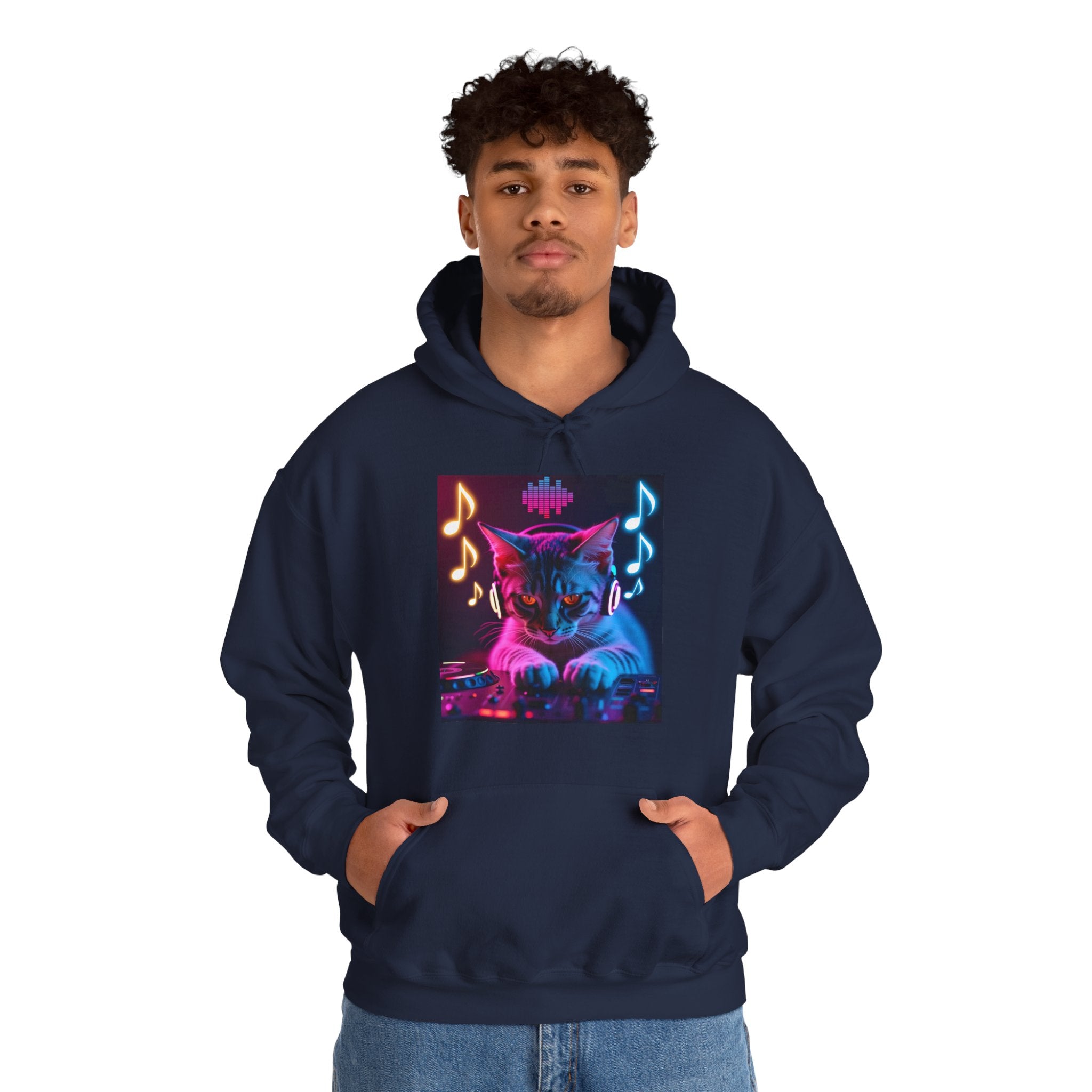 Person wearing a navy hoodie with a colorful cat graphic on a white background
