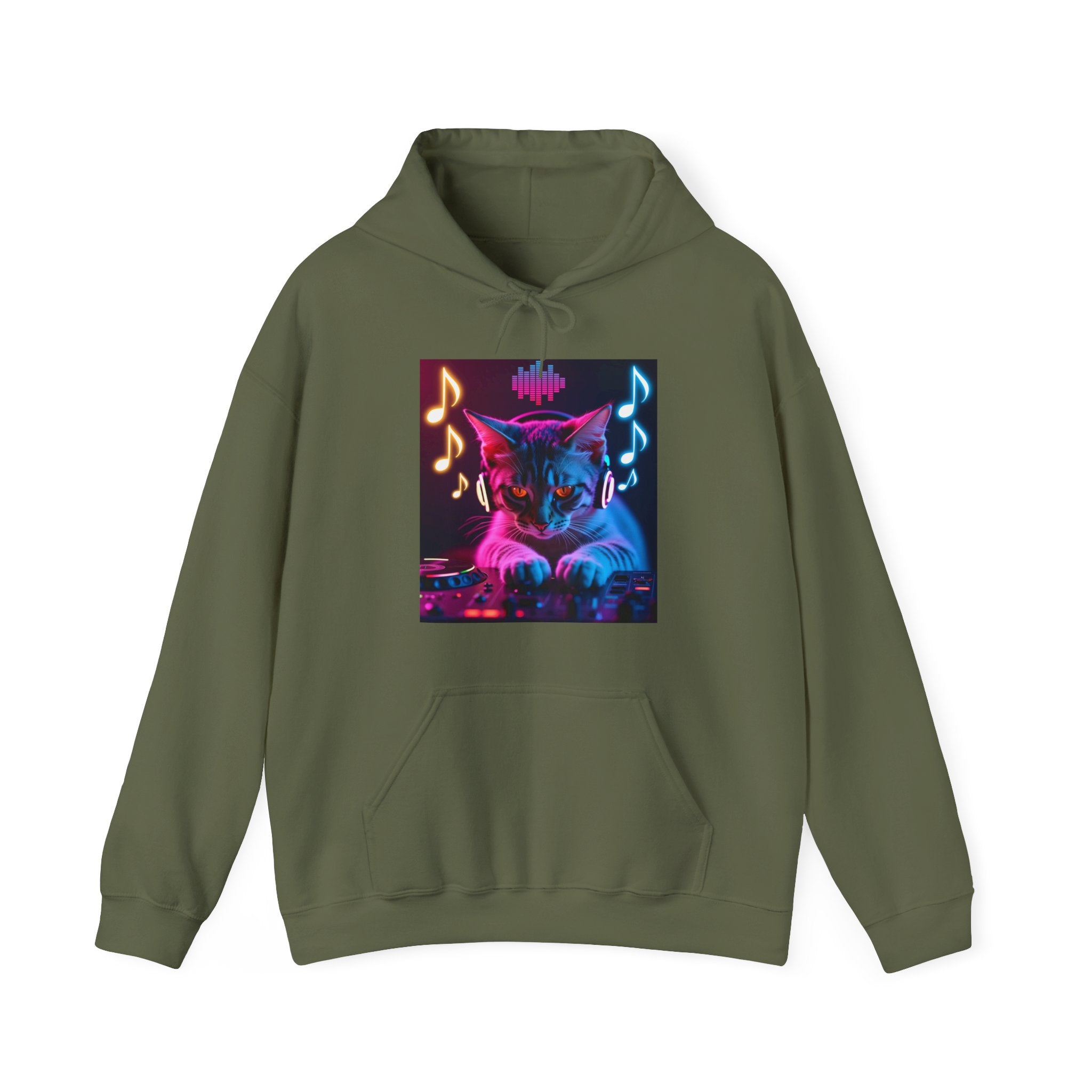 Military green hoodie with a colorful cat and music notes design on a white background