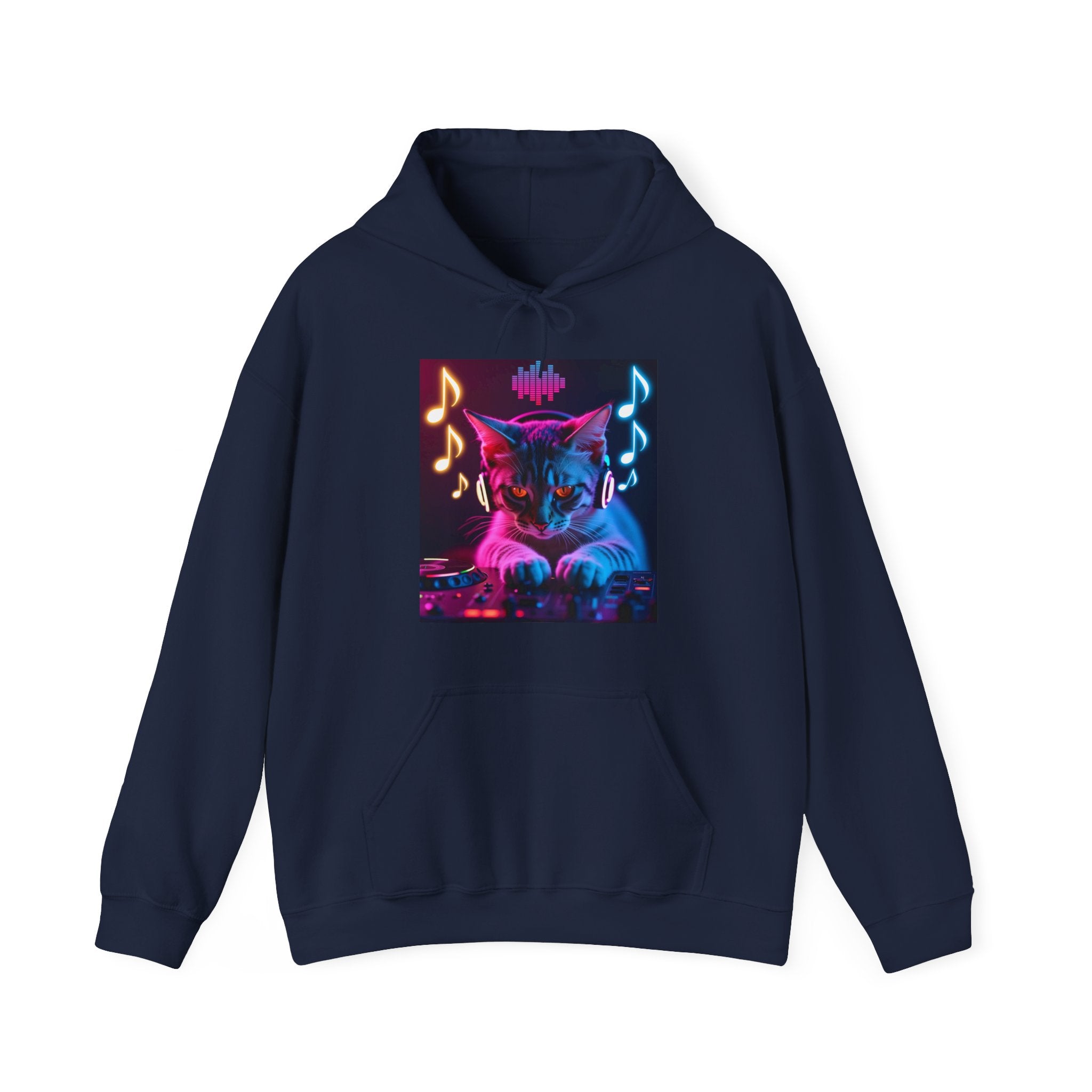 Navy blue hoodie with a colorful cat graphic and musical notes on a white background