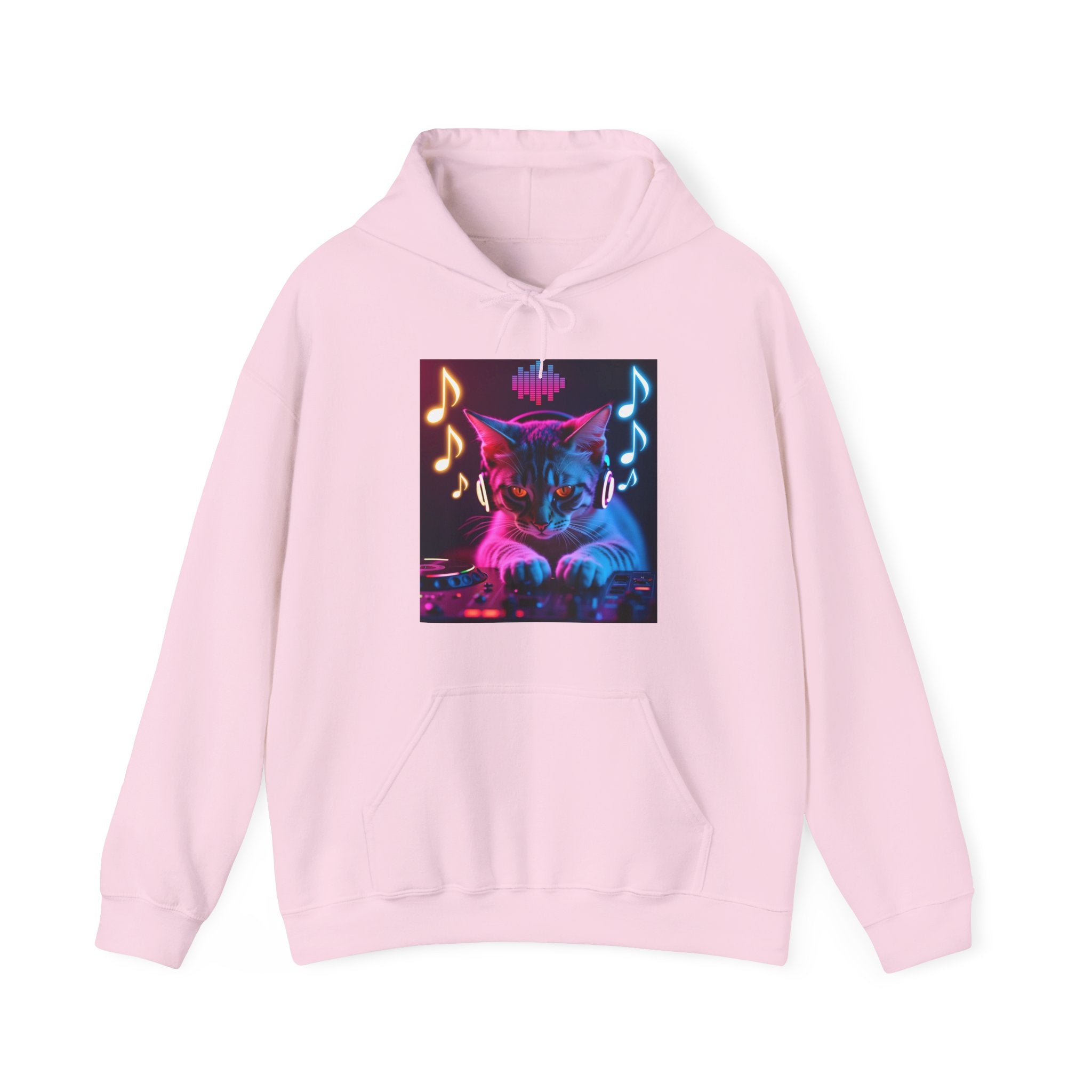 Pink hoodie with a colorful cat graphic on a white background