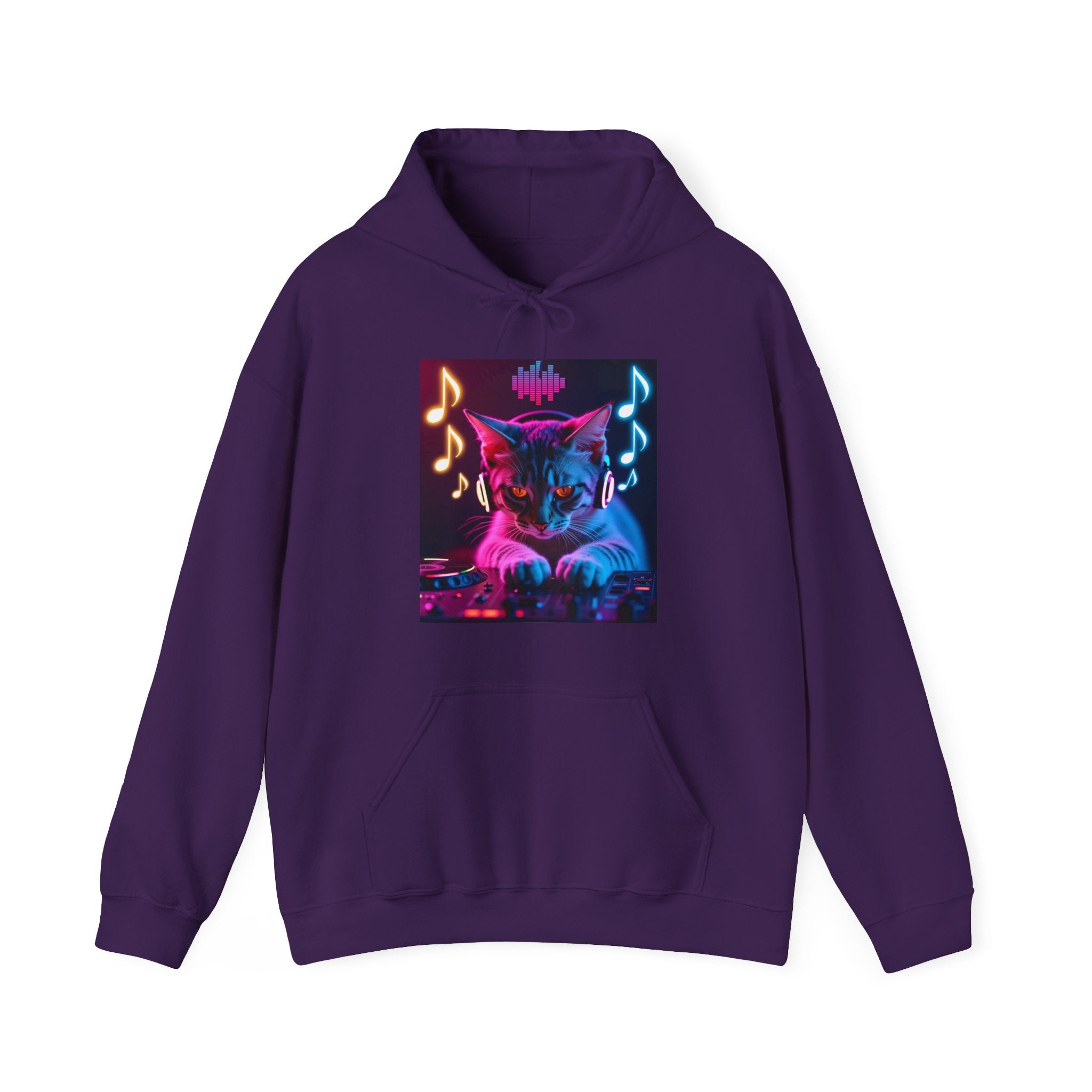 Purple hoodie with a colorful cat graphic on a white background