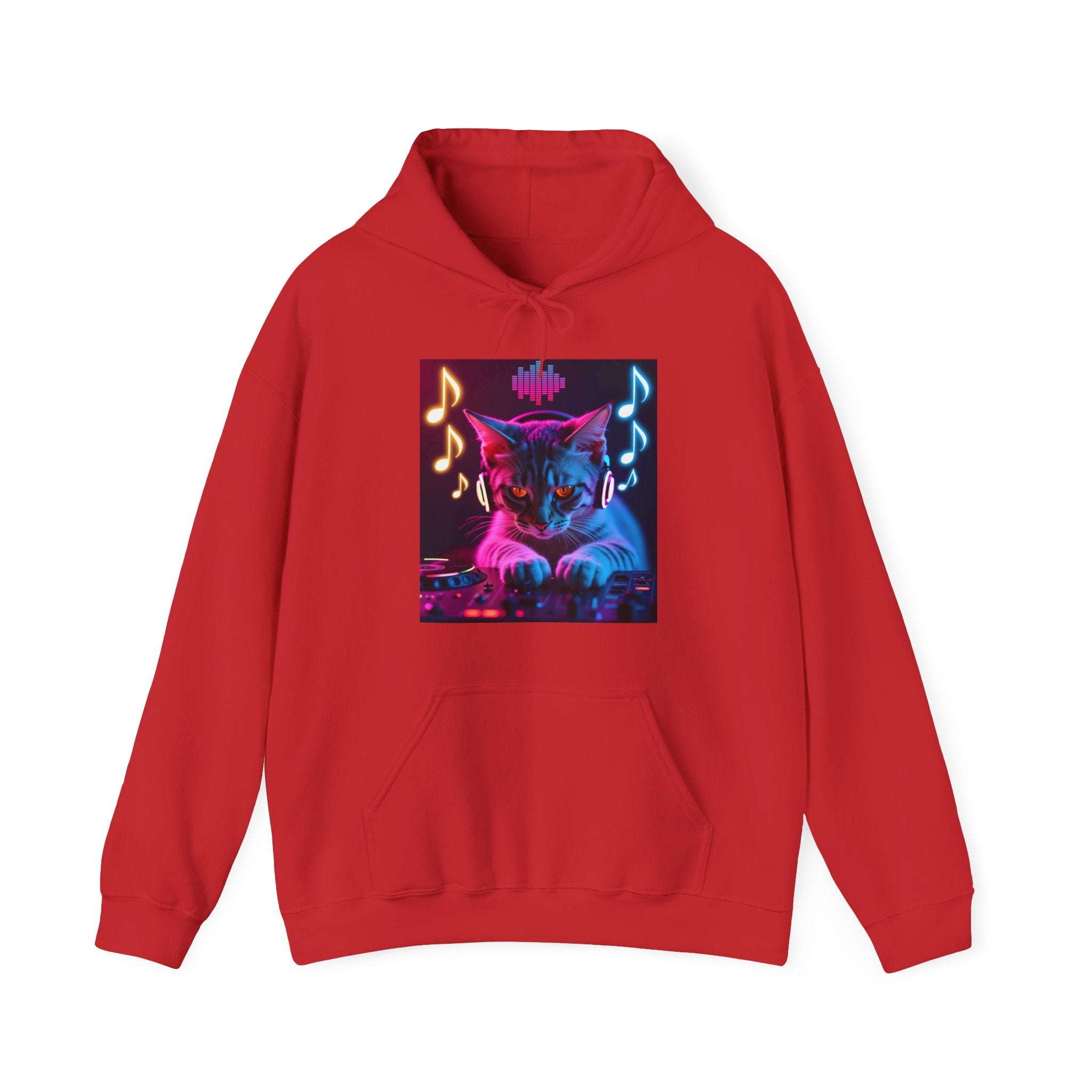 Red hoodie with a colorful cat and music notes design on a white background