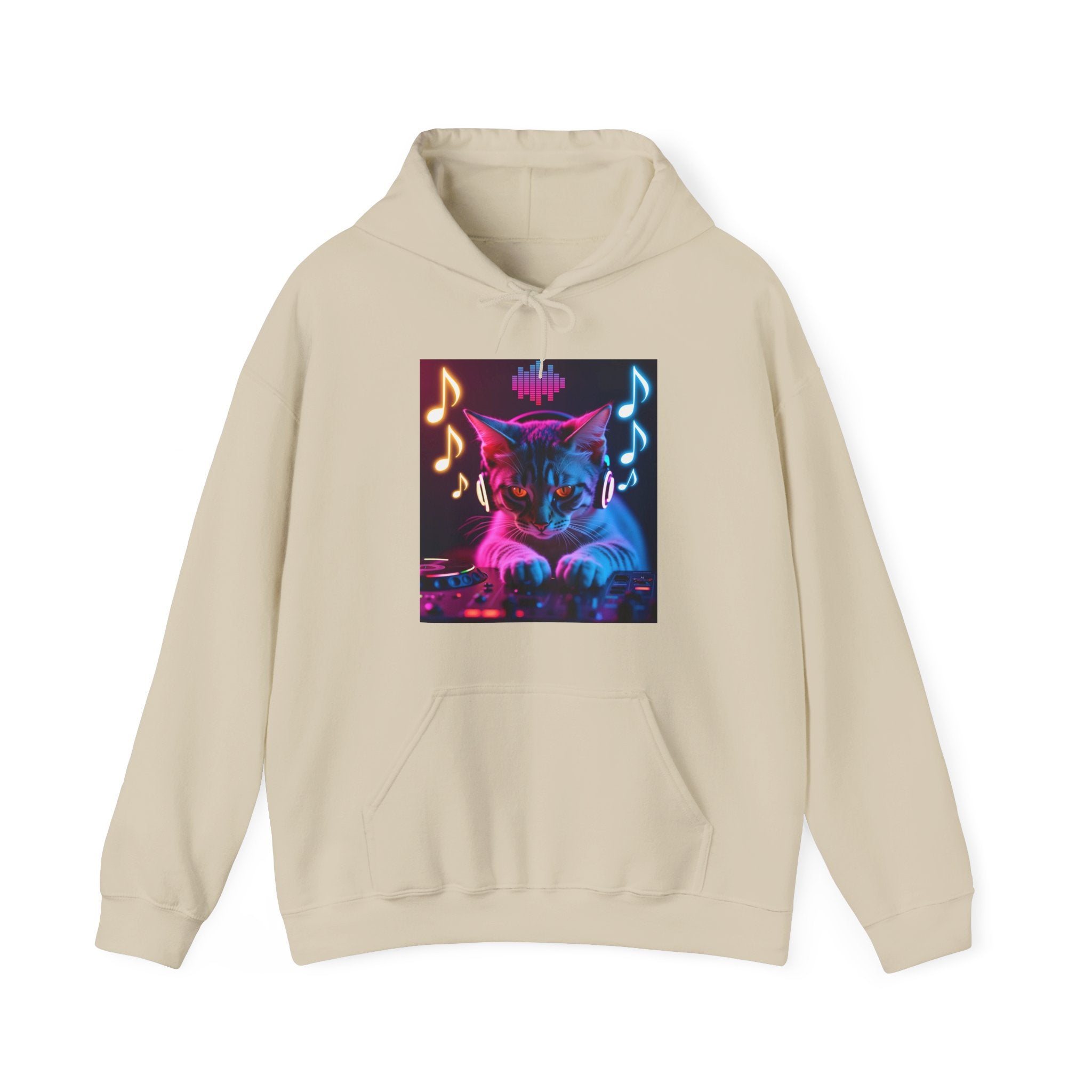 Beige hoodie with a colorful cat graphic and musical notes on a white background