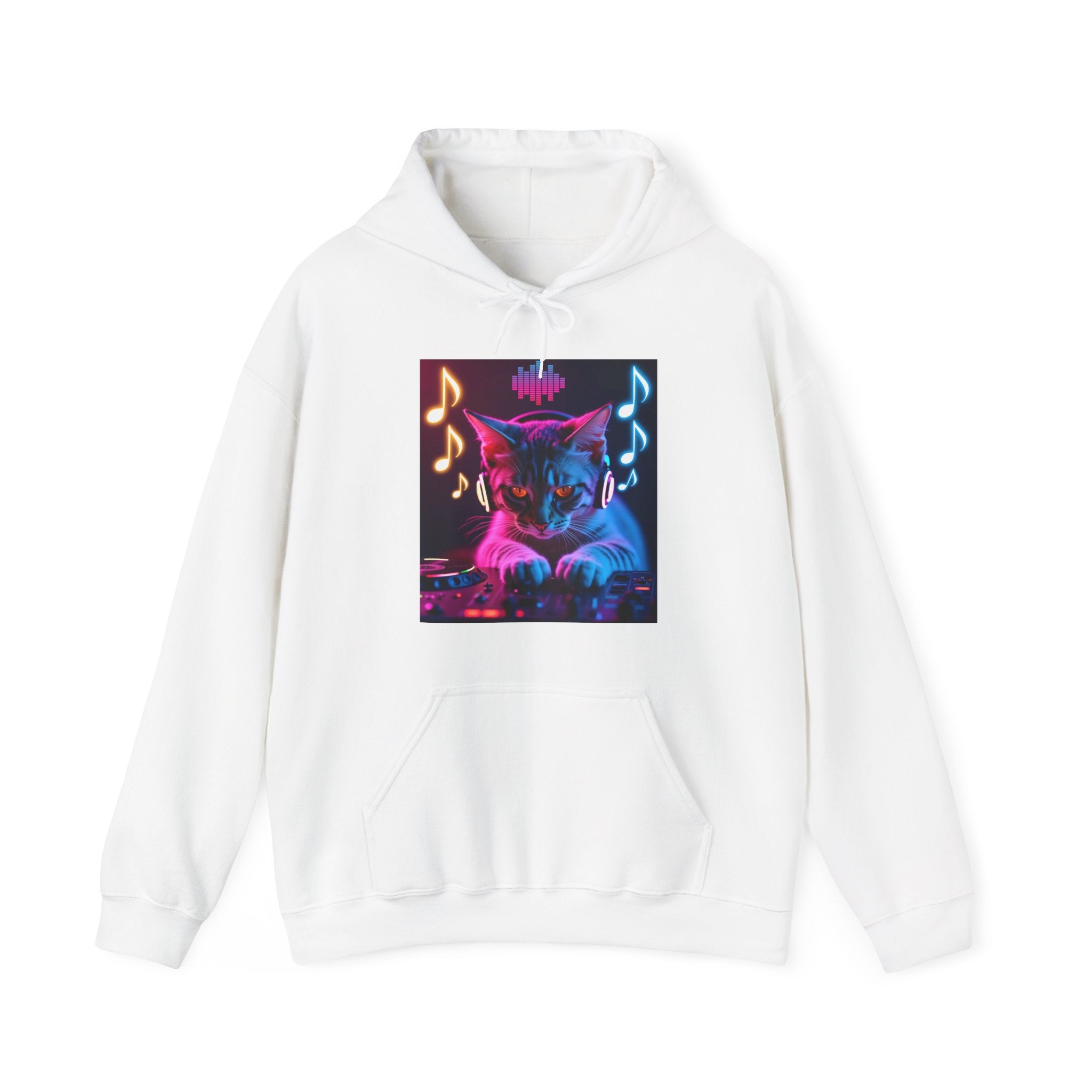 White hoodie with a colorful cat and music notes design on a white background