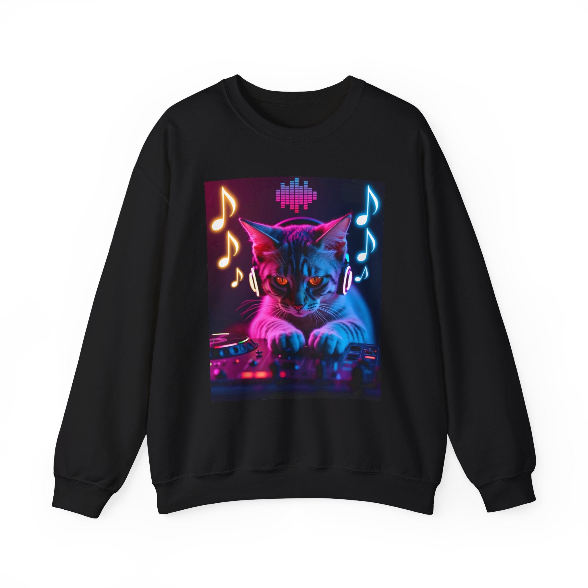 Black sweatshirt with a colorful cat graphic on a white background
