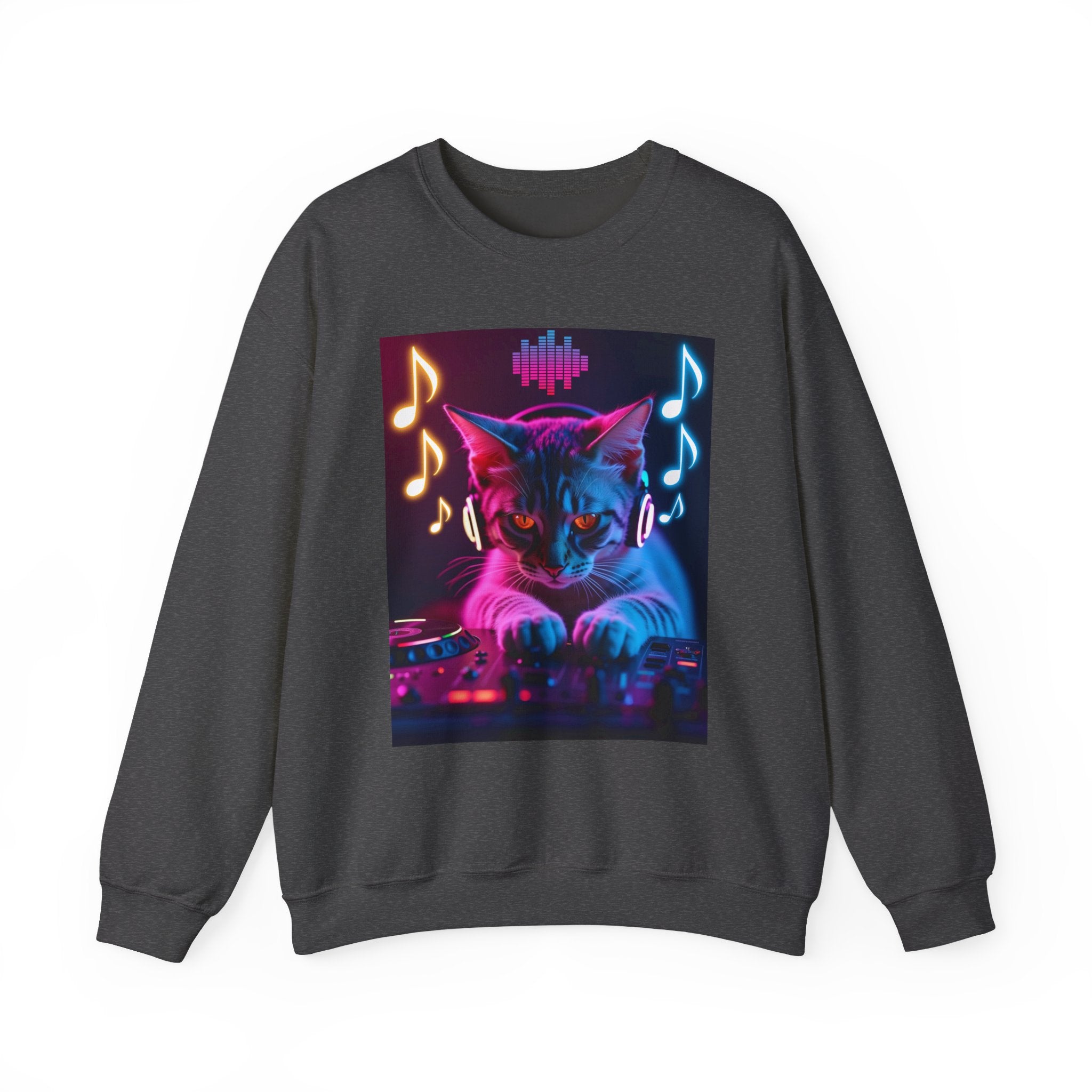 Dark heather sweatshirt with a colorful cat graphic on a white background