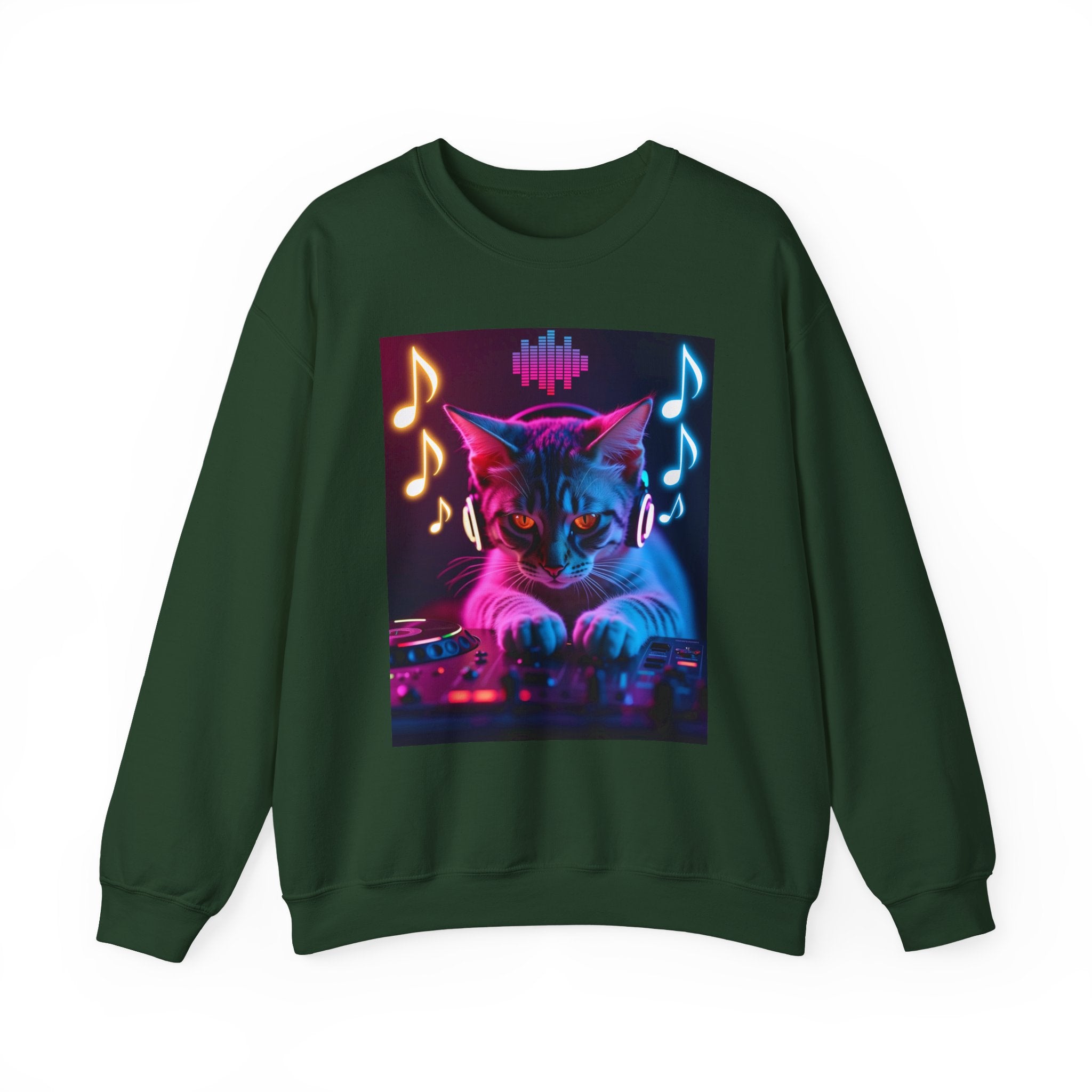 Forest green sweatshirt with a cat DJ graphic on a white background
