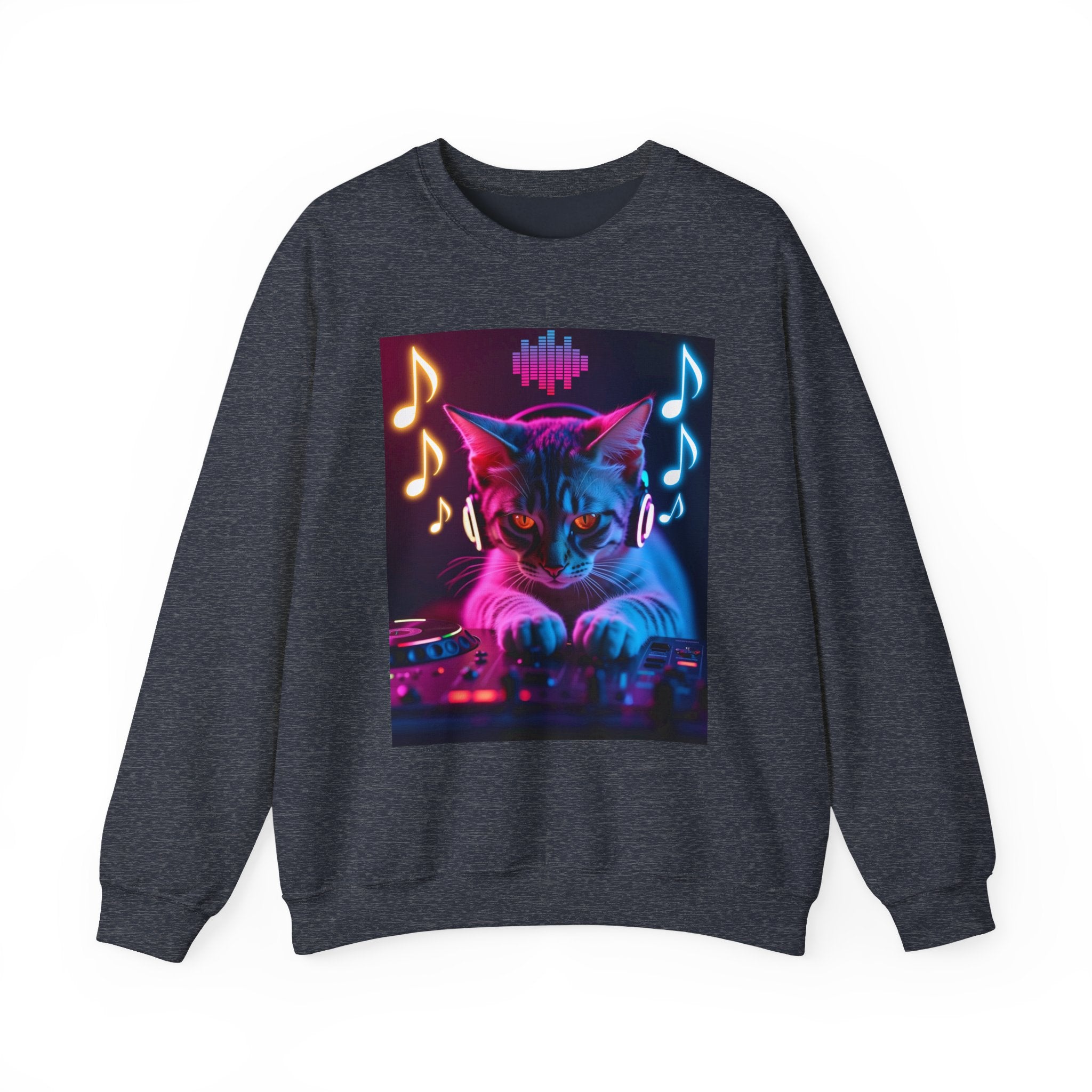 Heather sport dark navy sweatshirt with a colorful cat graphic on a white background