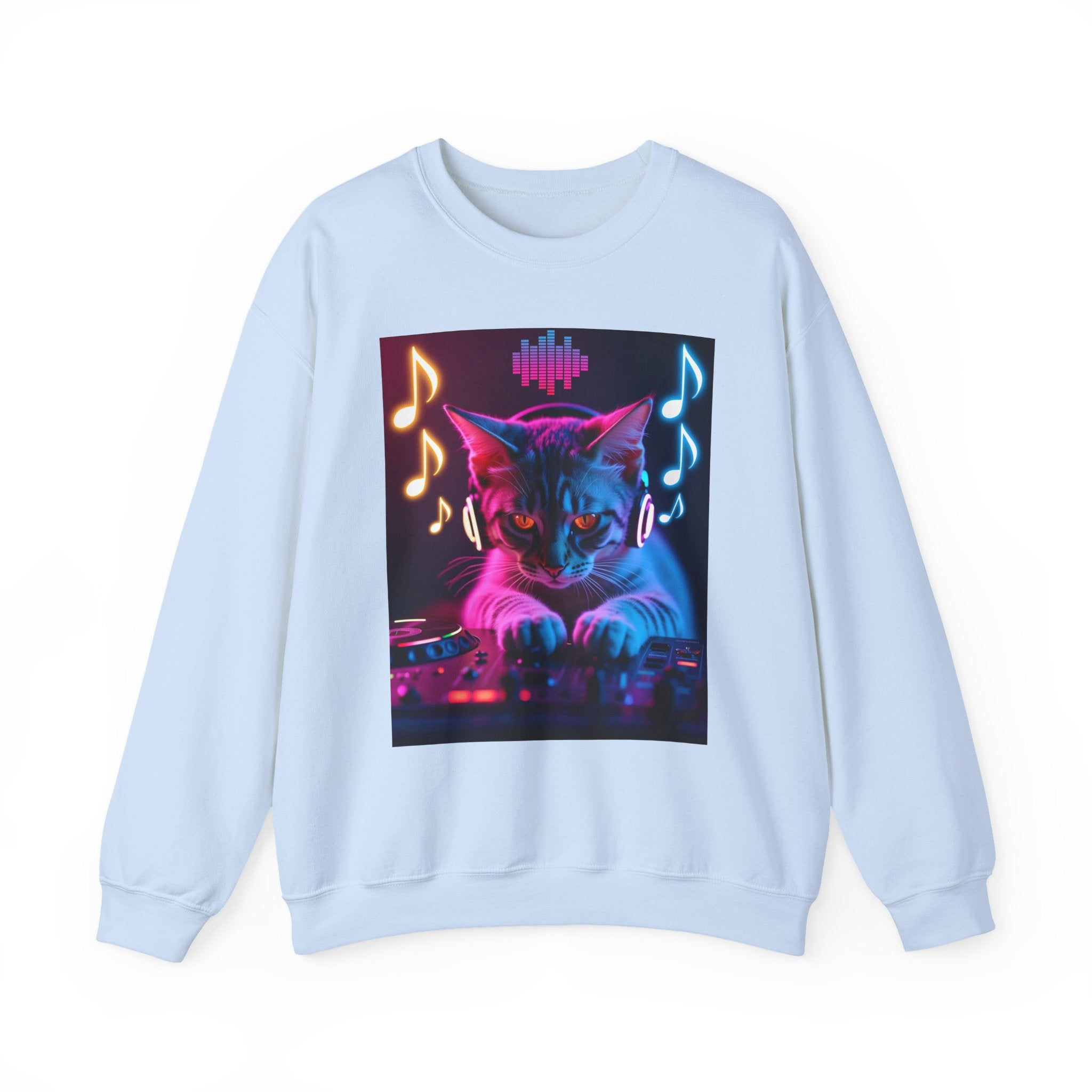 Light blue sweatshirt with a colorful cat graphic on a white background