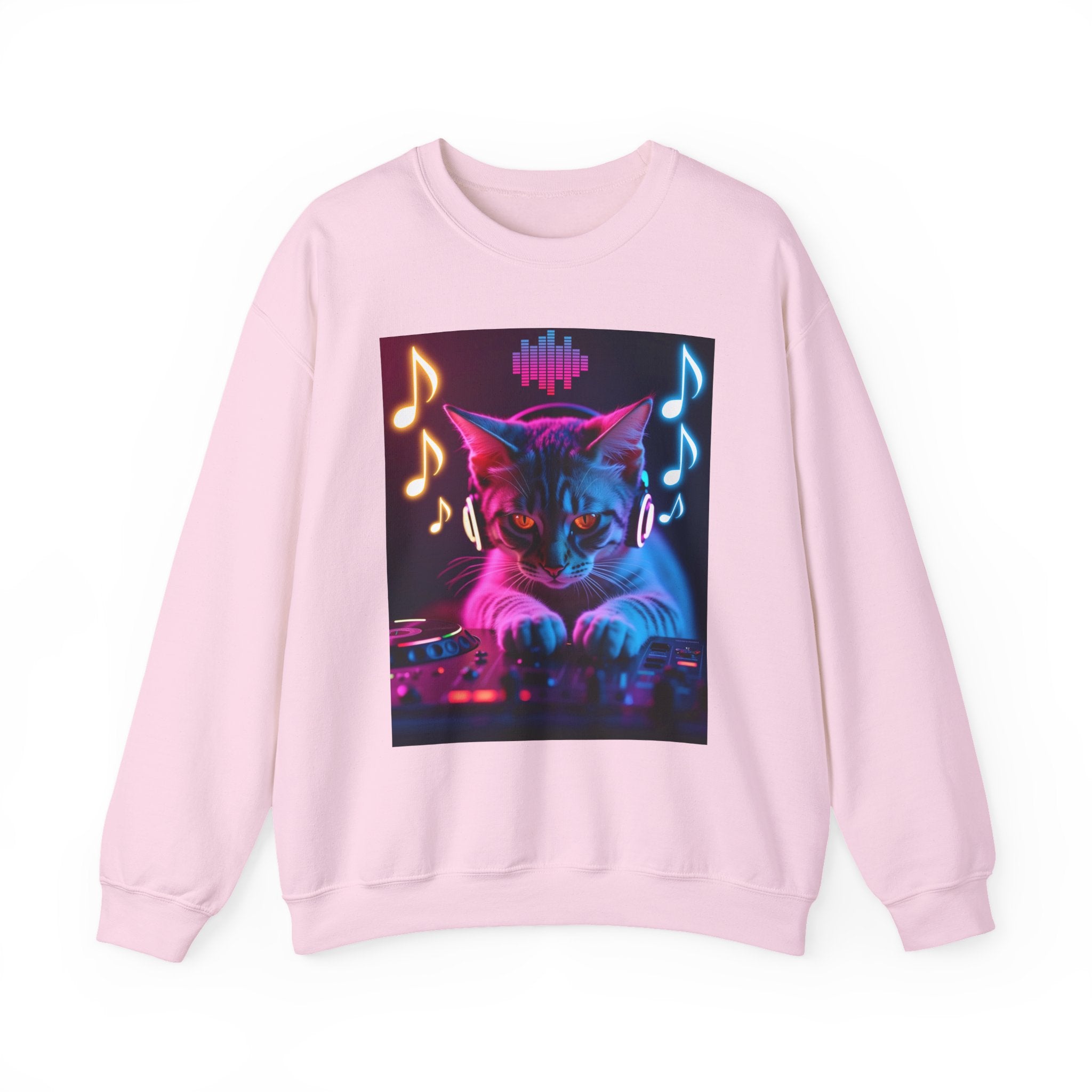 Light pink sweatshirt with a cat DJ graphic on a white background