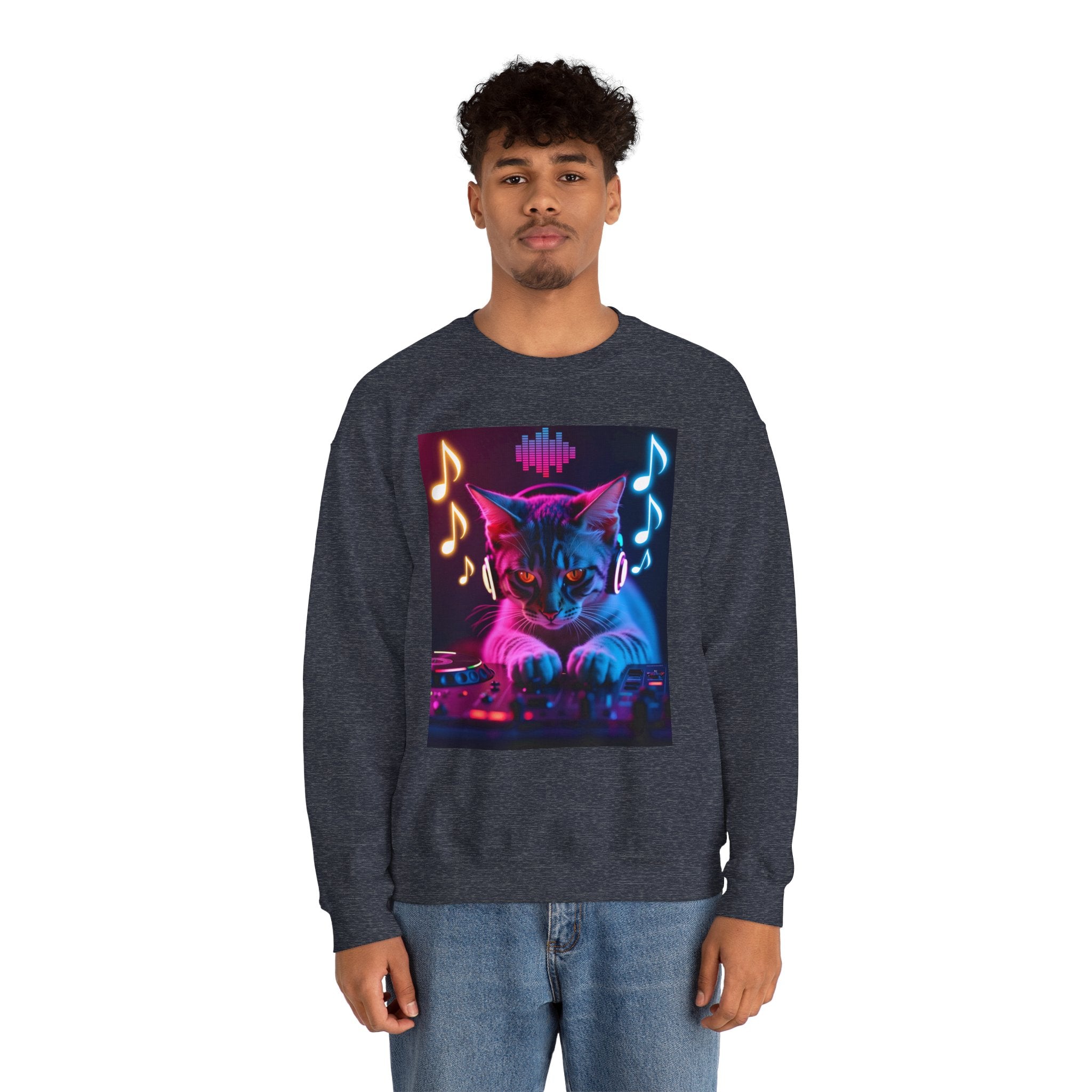 Person wearing a dark gray sweatshirt with a colorful cat graphic and equalizer design on a white background