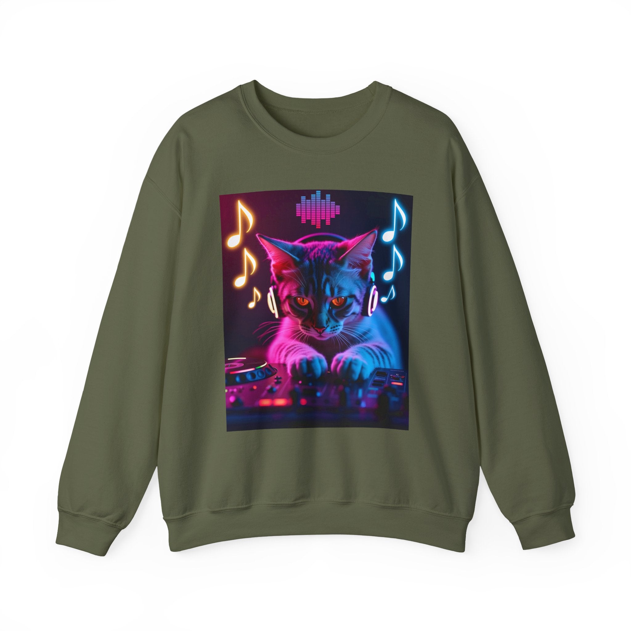 Military green sweatshirt with a cat playing DJ equipment graphic on a white background