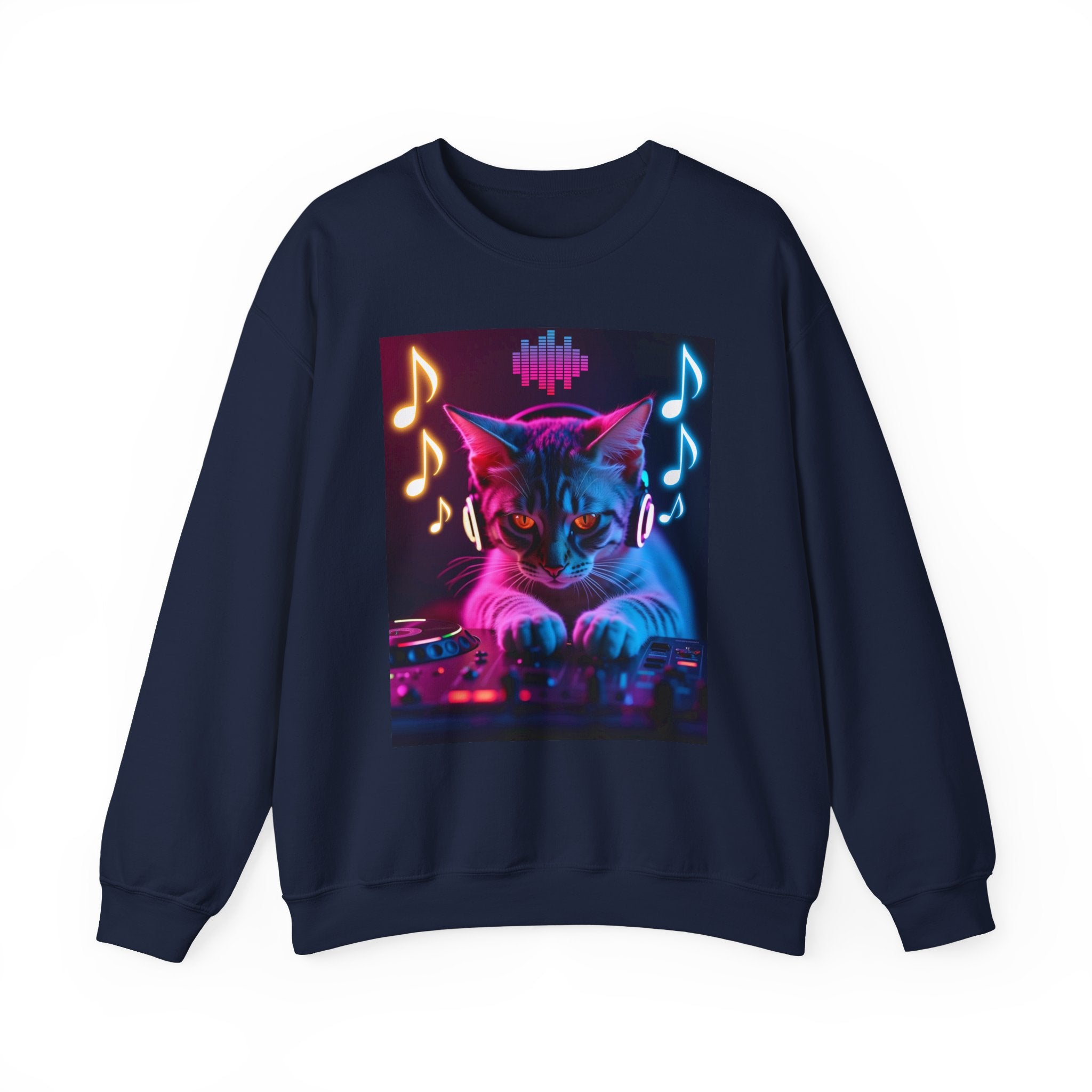 Navy blue sweatshirt with a colorful cat DJ design on a white background