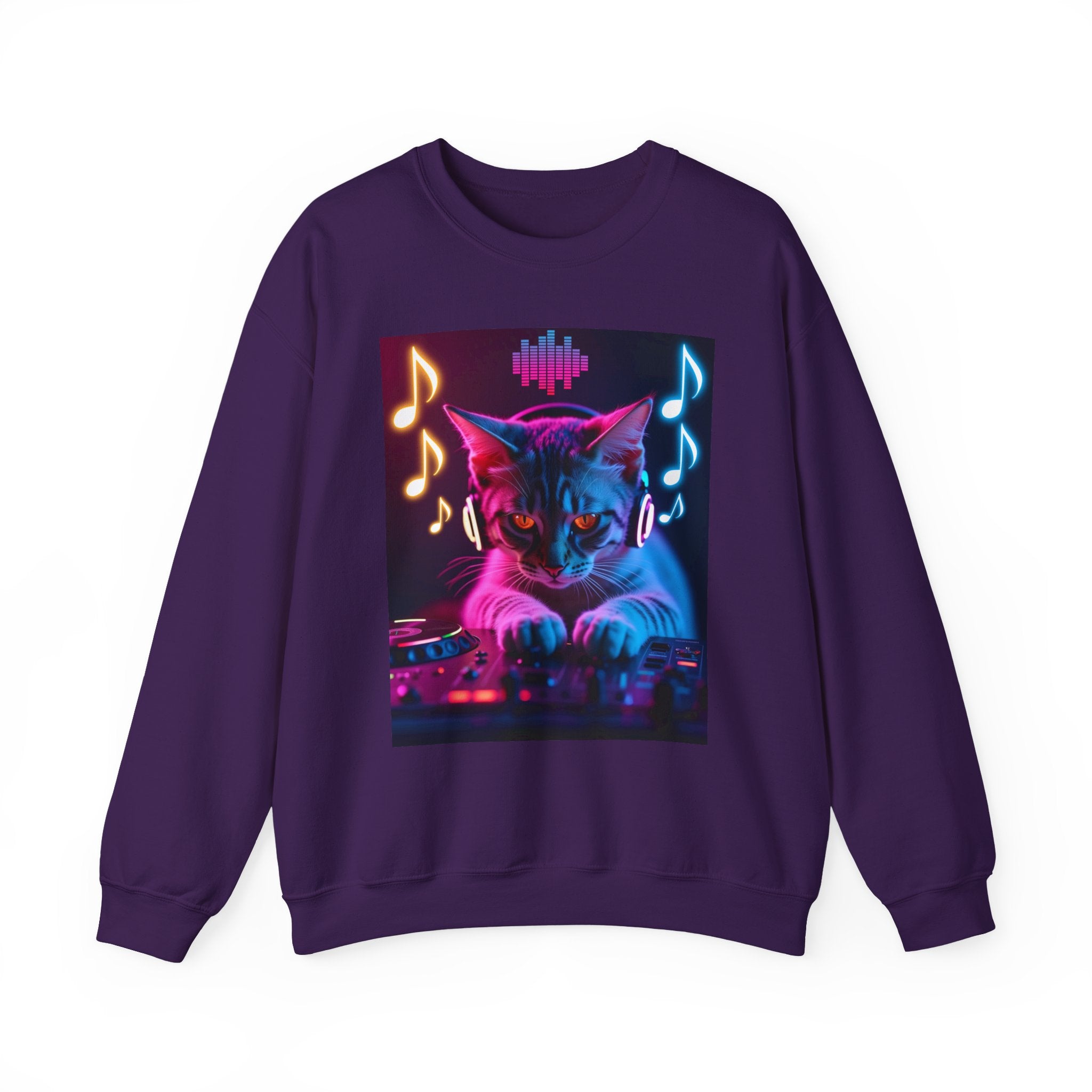 Purple sweatshirt with a cat DJ design on a white background