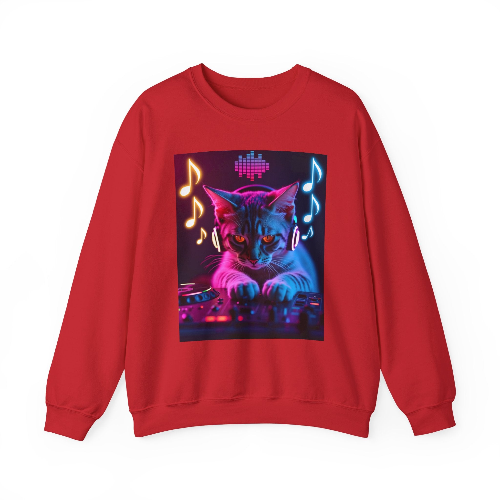 Red sweatshirt with a cat DJ graphic on a white background