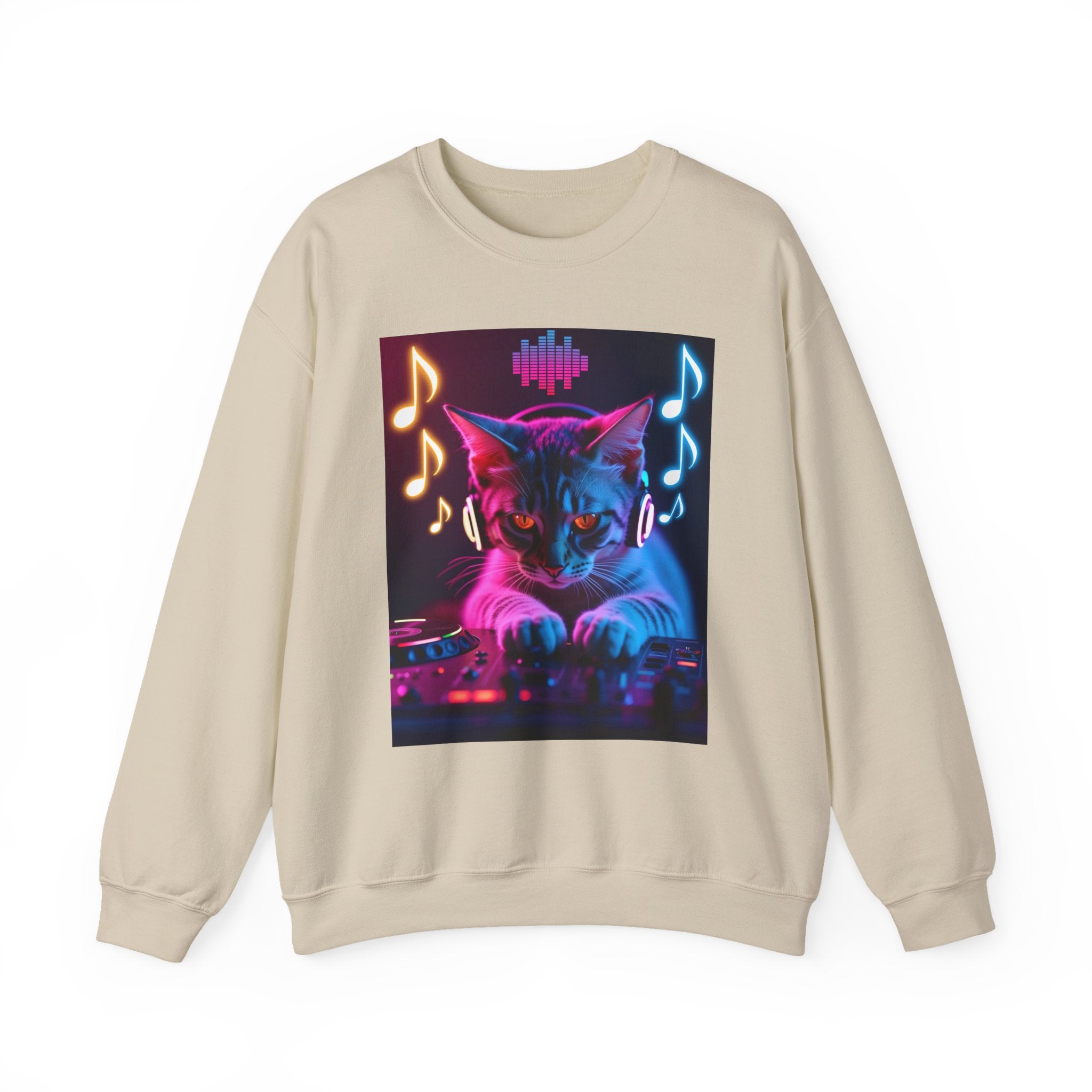 Beige sweatshirt with a colorful cat graphic on a white background