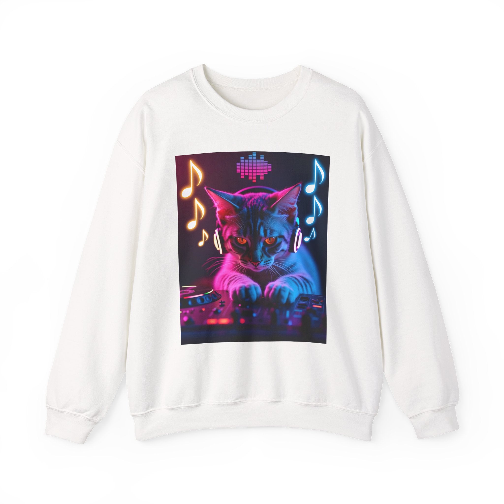 White sweatshirt with a colorful cat graphic on a white background