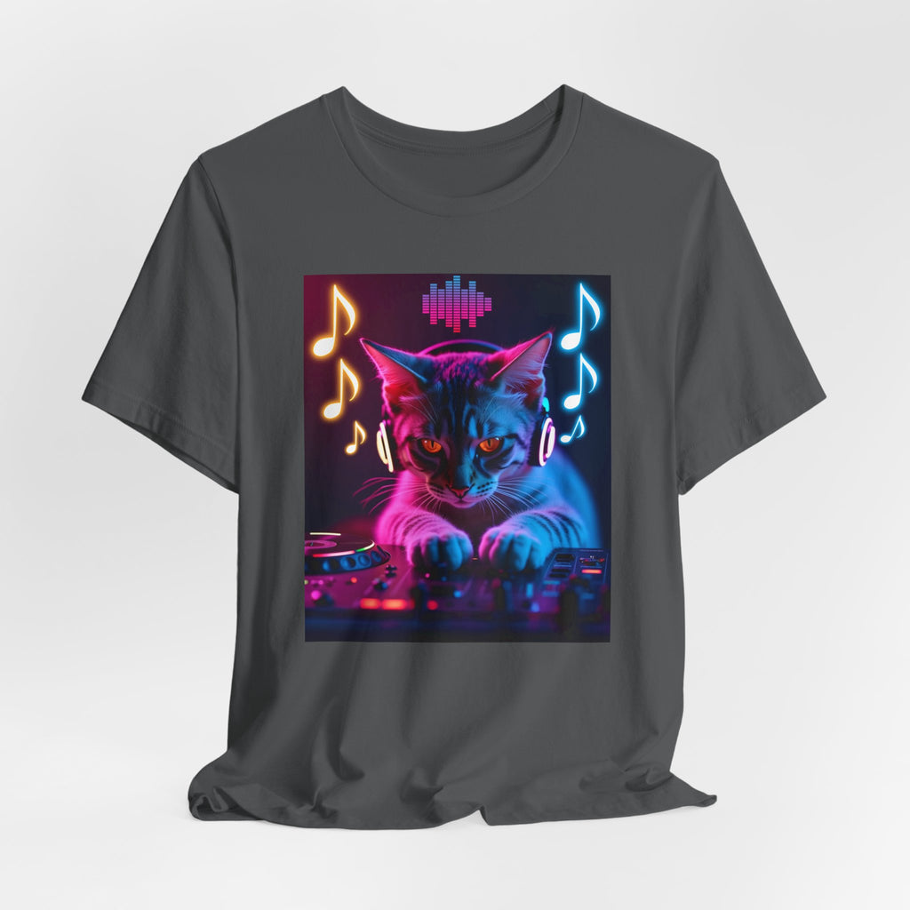Asphalt gray t-shirt with a cat playing DJ equipment graphic with music notes and sound waves on a white background
