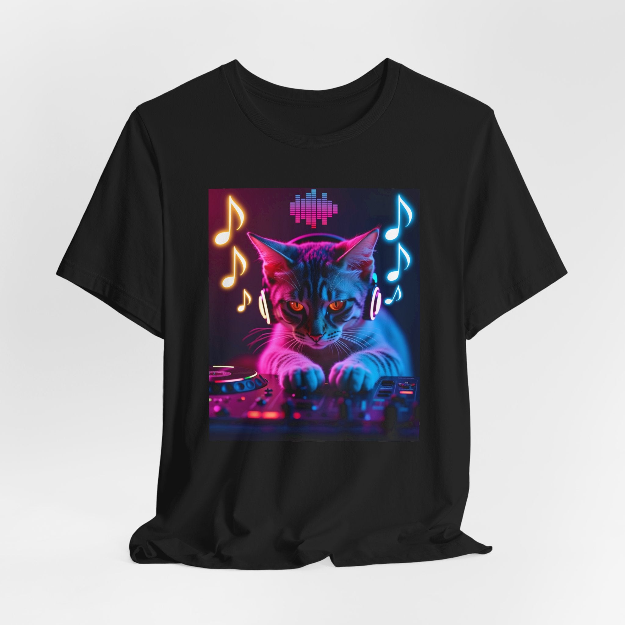 Black t-shirt with a cat playing DJ equipment graphic with music notes and sound waves on a white background