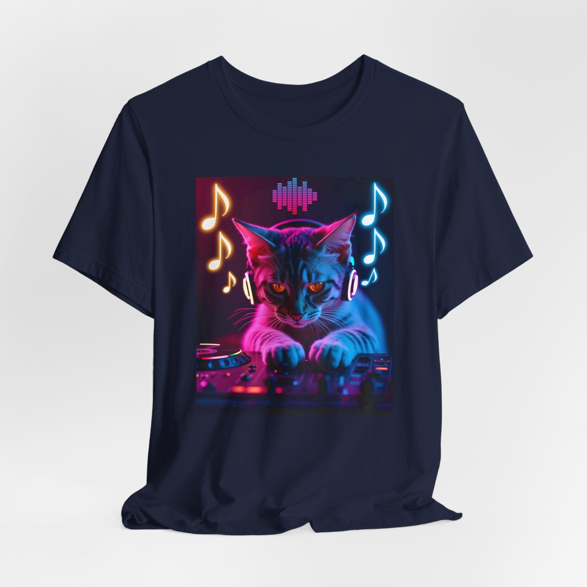 Navy blue t-shirt with a cat playing DJ equipment graphic with music notes and sound waves on a white background