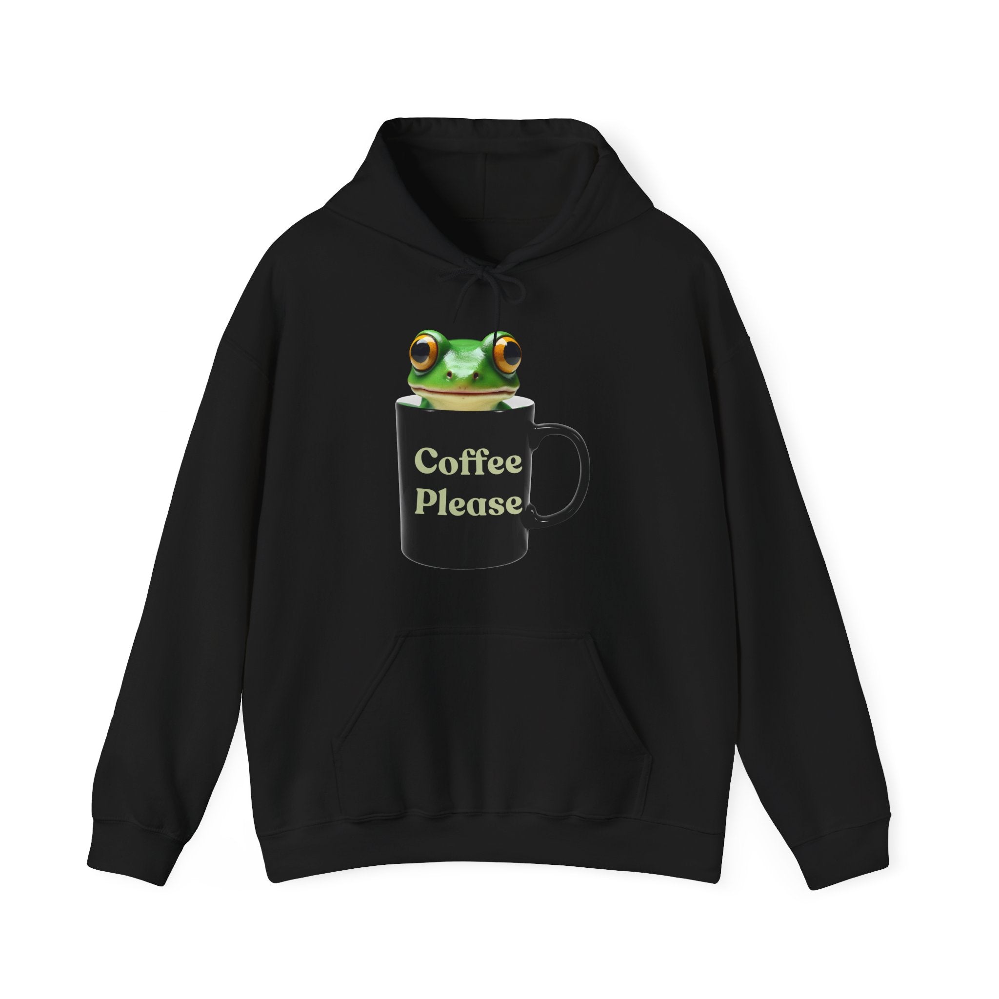 Black hoodie with a frog inside the cup and a text "coffee please" on a white background