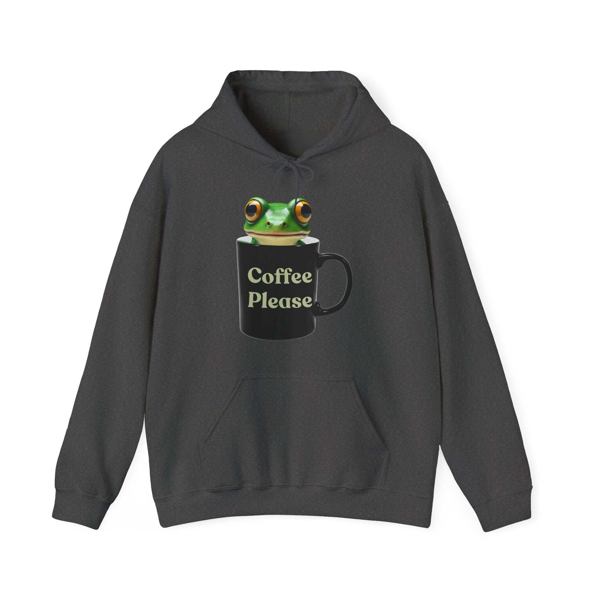 Dark gray hoodie with a frog inside the cup and a text "coffee please" on a white background