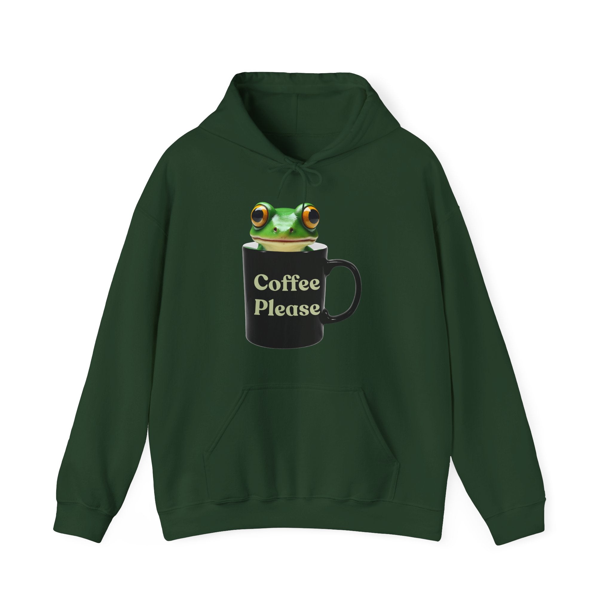 Forest green hoodie with a frog inside the cup and a text "coffee please" on a white background