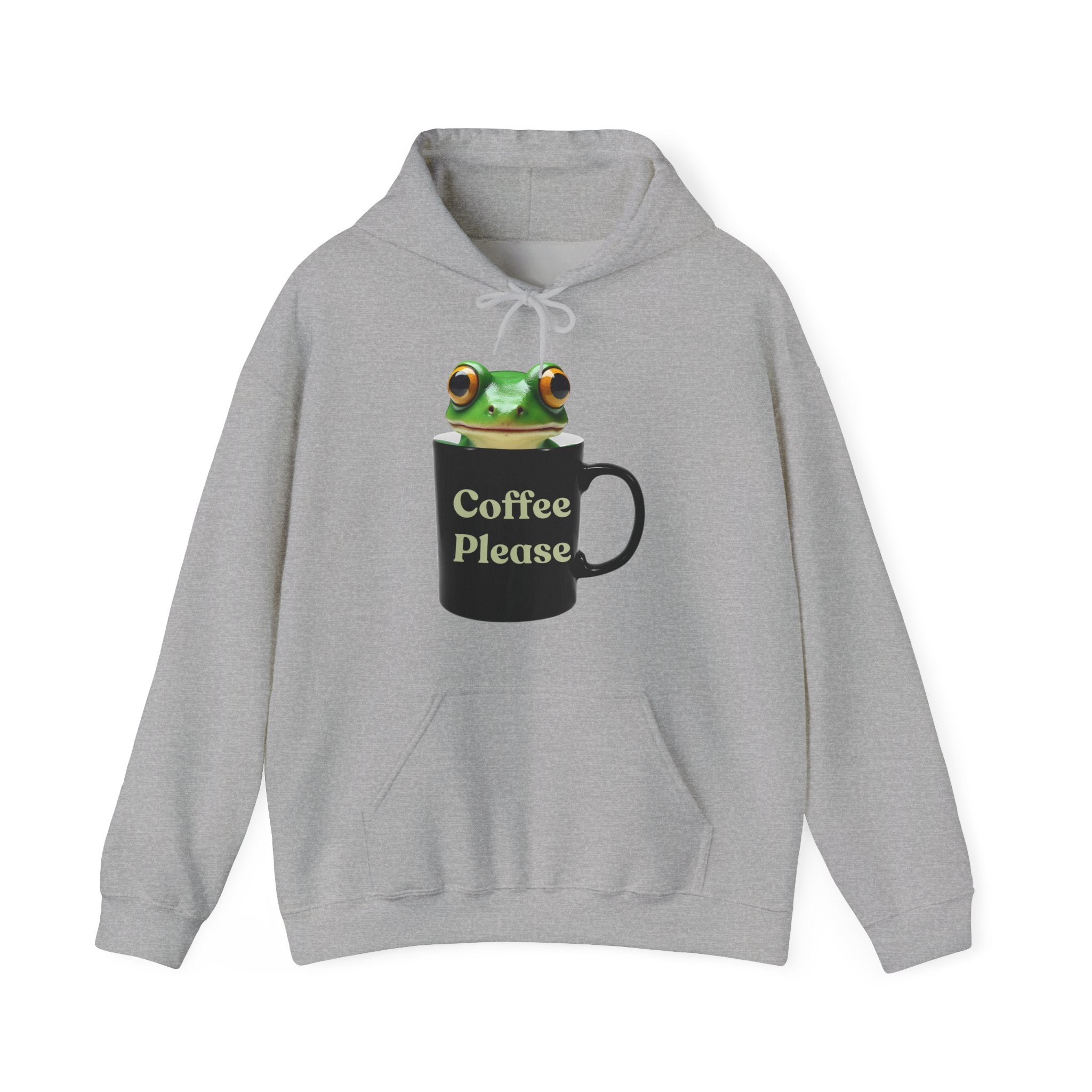 Gray hoodie with a frog inside the cup and a text "coffee please" on a white background
