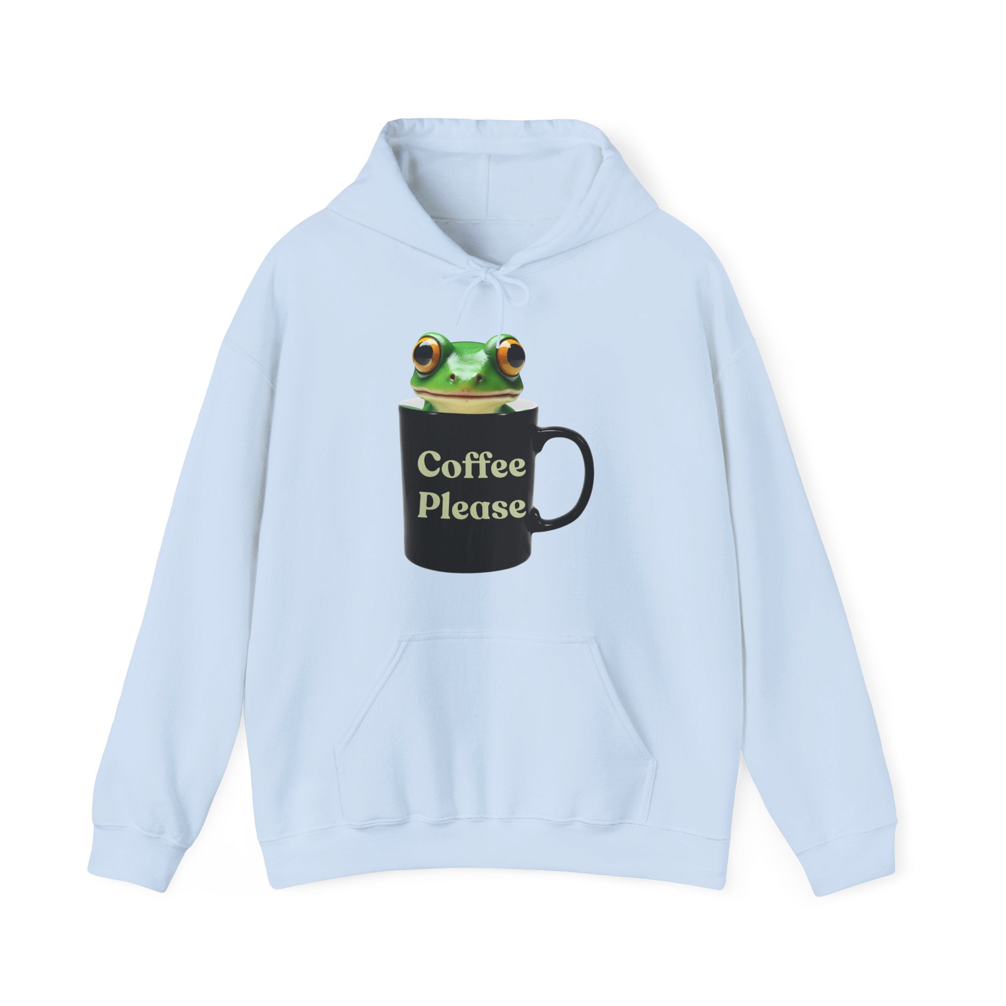 Light blue hoodie with a frog inside the cup and a text "coffee please" on a white background