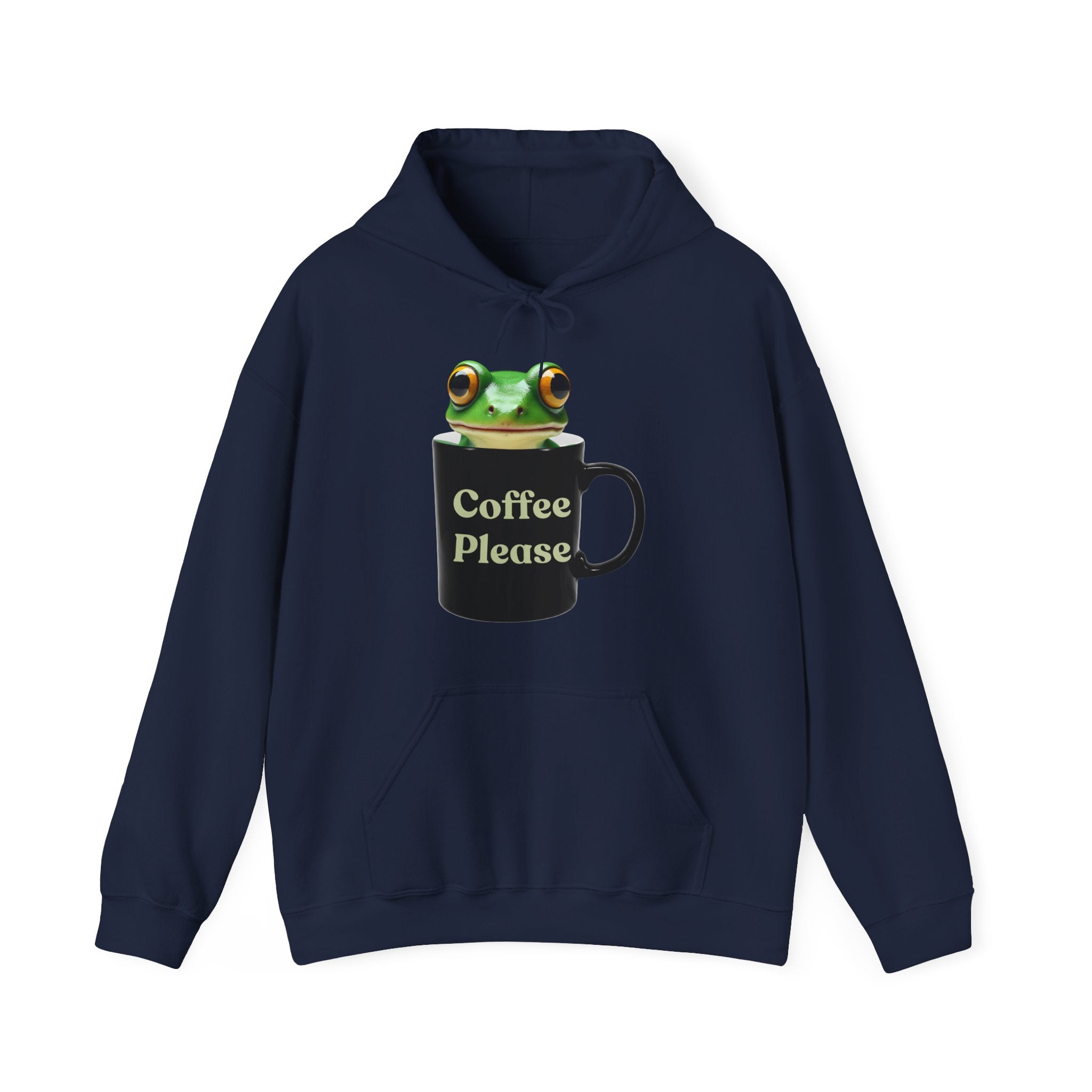 Navy blue hoodie with a frog inside the cup and a text "coffee please" on a white background